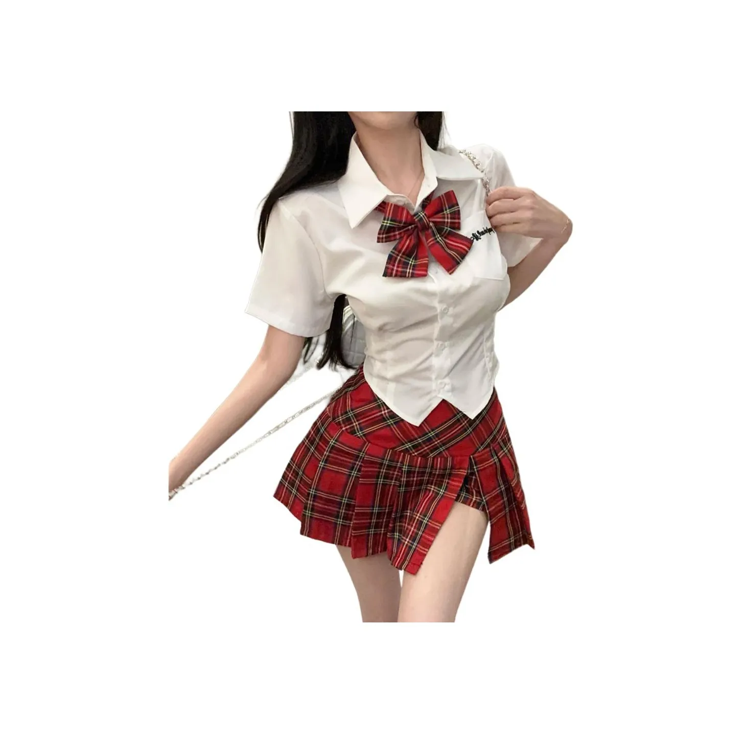 Garbege Uniform Women's White Shirt Bow Checkered Skirt Set