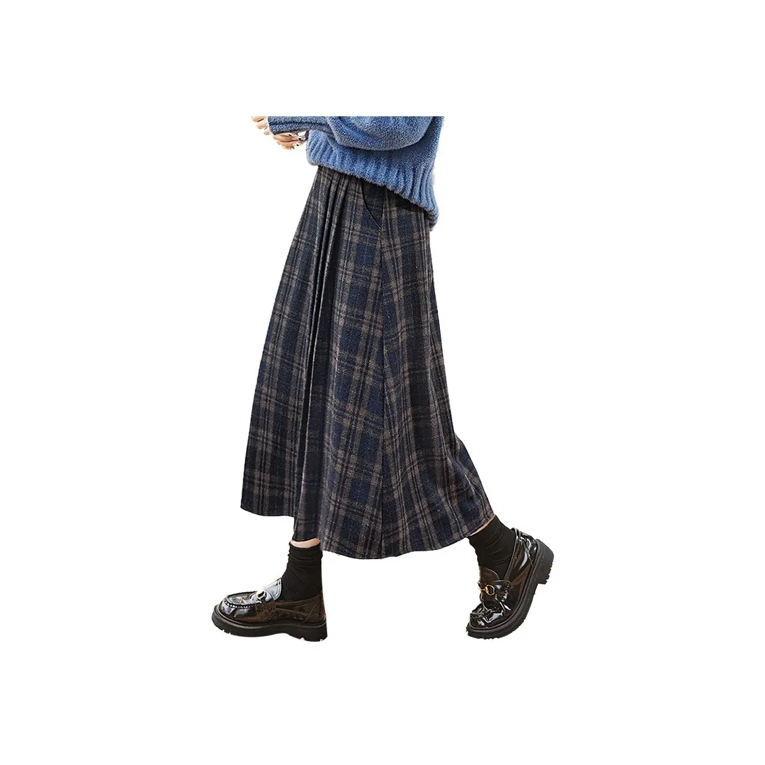 Cypress House Casual Long Skirt Women's Navy Blue Plaid