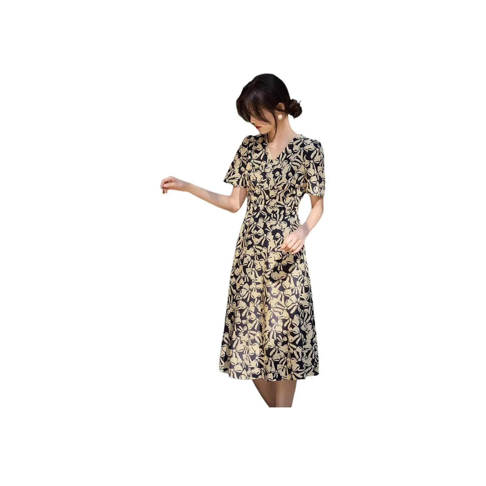 XWI Short Sleeved Dresses Women's Yellow Black Bowknot Flower