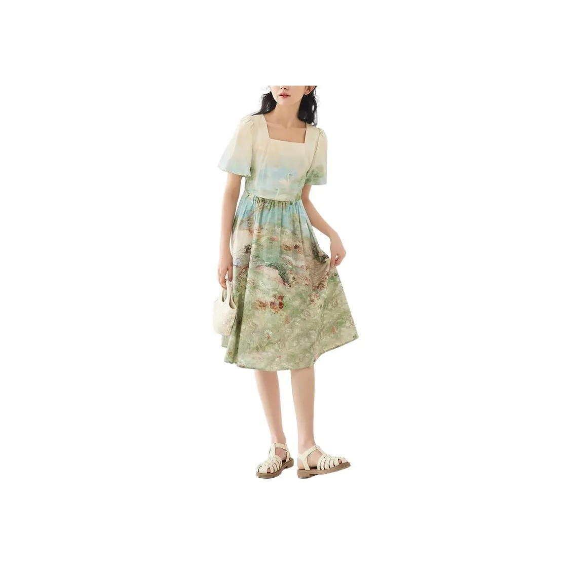 ZIHAN Short Sleeved Dress Women's Vintage Oil Paintings