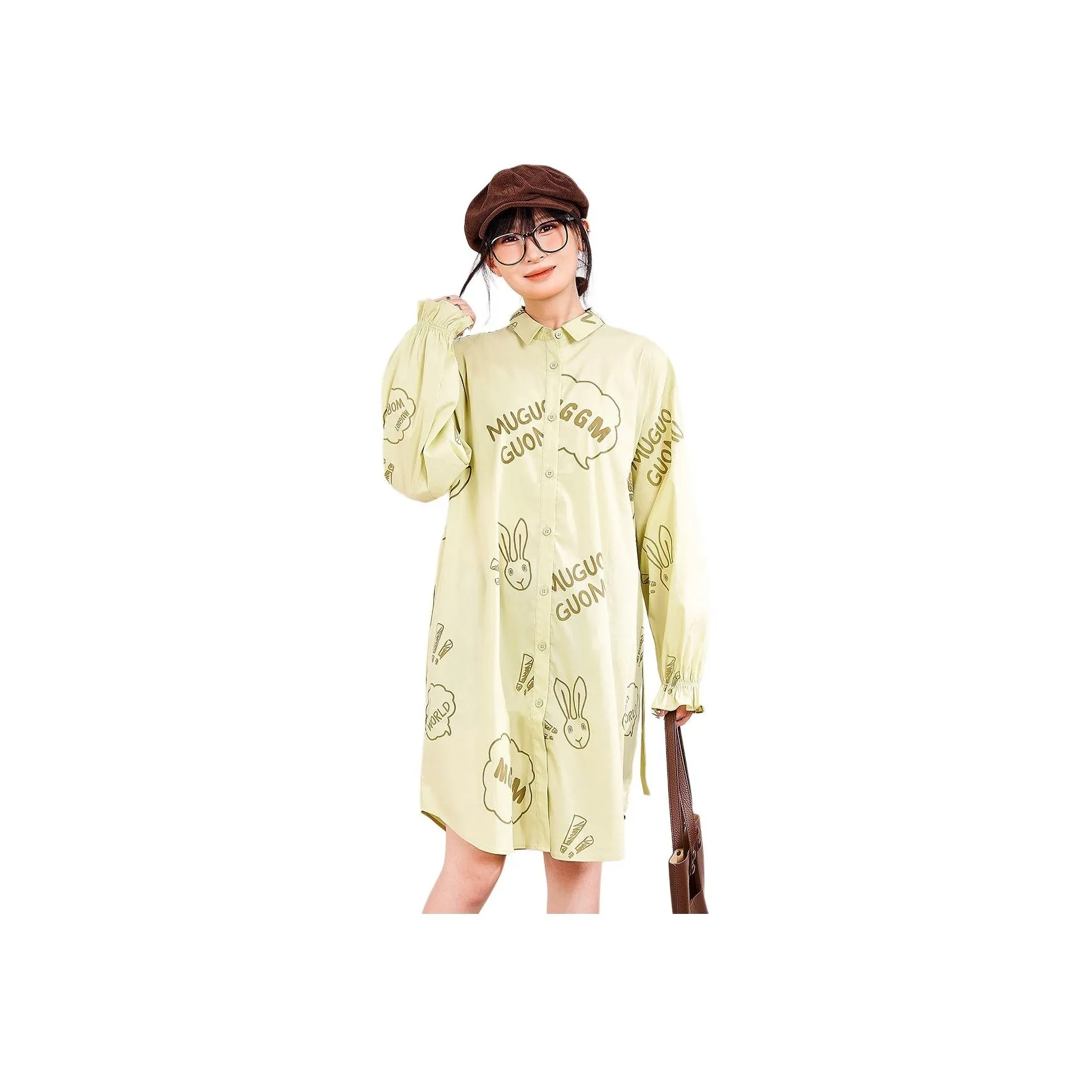 MUGUOGUOMU Long Sleeved Dress Women's Light Green