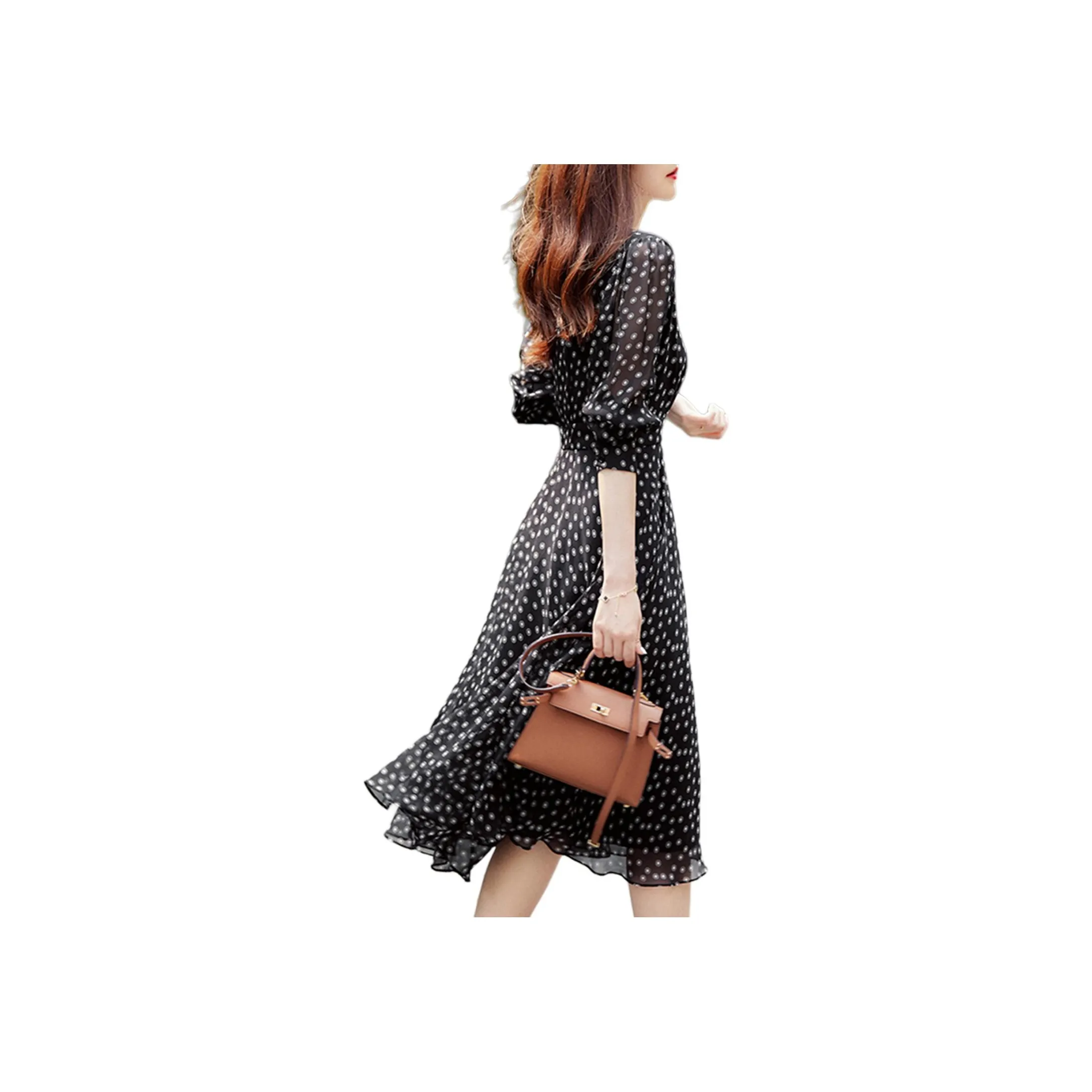 Wbwq Длинное платье с длинными рукавами женское черное с цветами