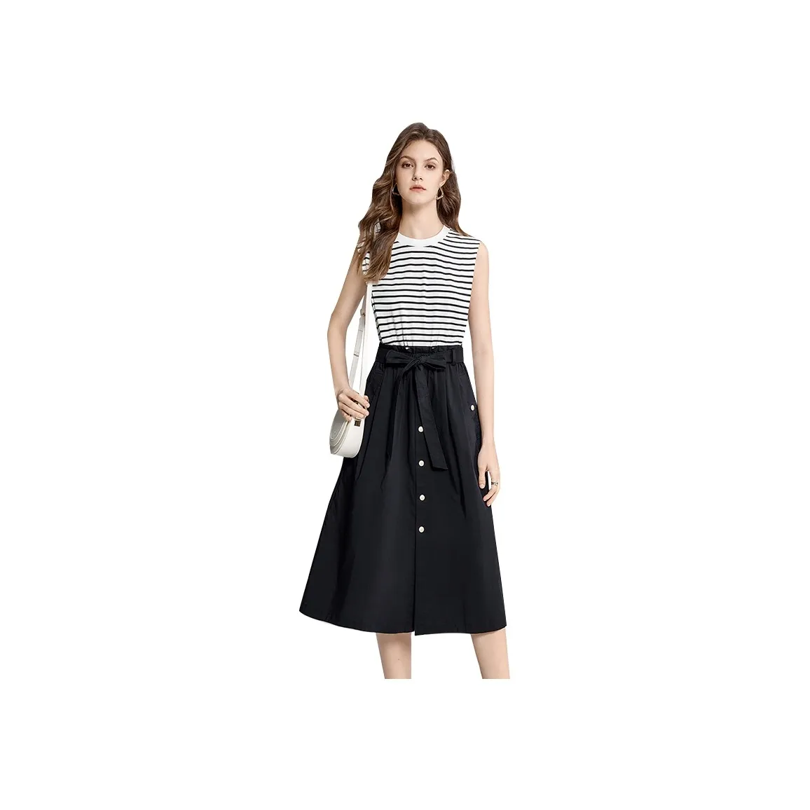 TOUCH Sleeveless Dress Women's Black & White Stripes & Black