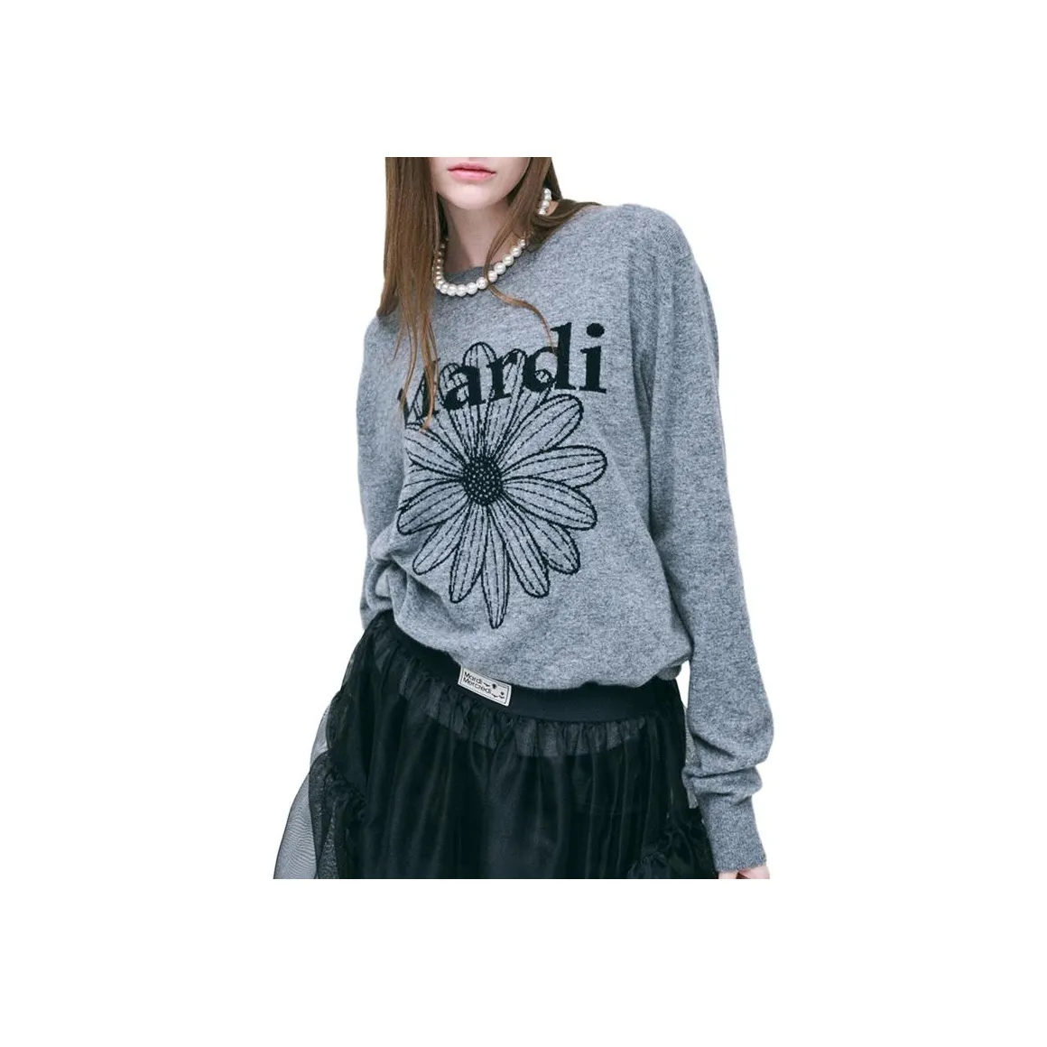 MARDI MERCREDI FW24 Кашемир Круглый вырез FLOWERMARDI GREY Черный Свитер Корейский стиль Женские Серый черный