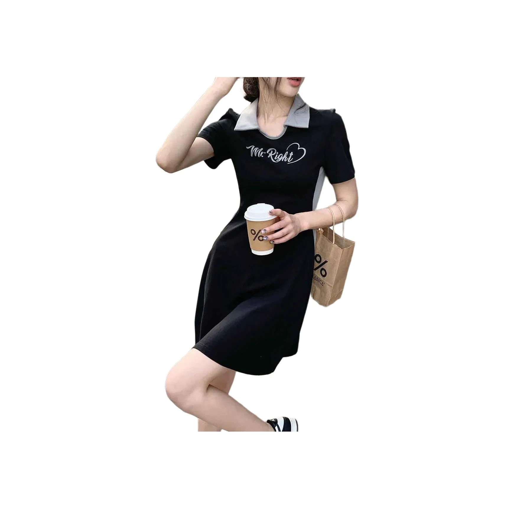 NANING9 Короткий рукав Платье Женское Черное