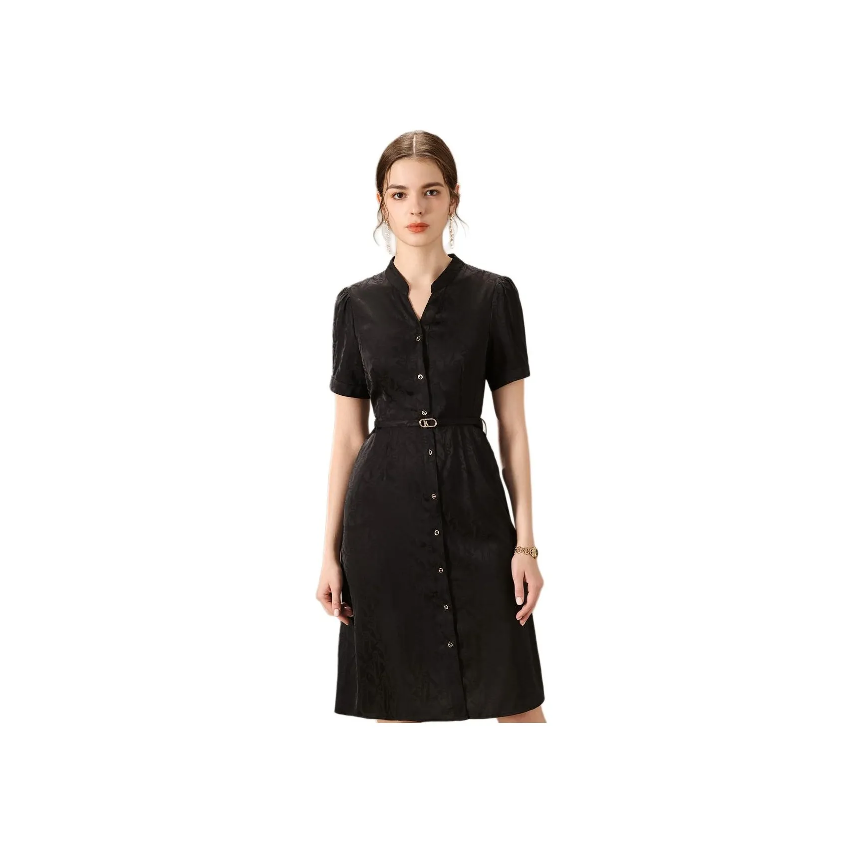 FENHONGMALI Весенний Короткий Рукав Платье с Утяжкой на Талии Женское Черное