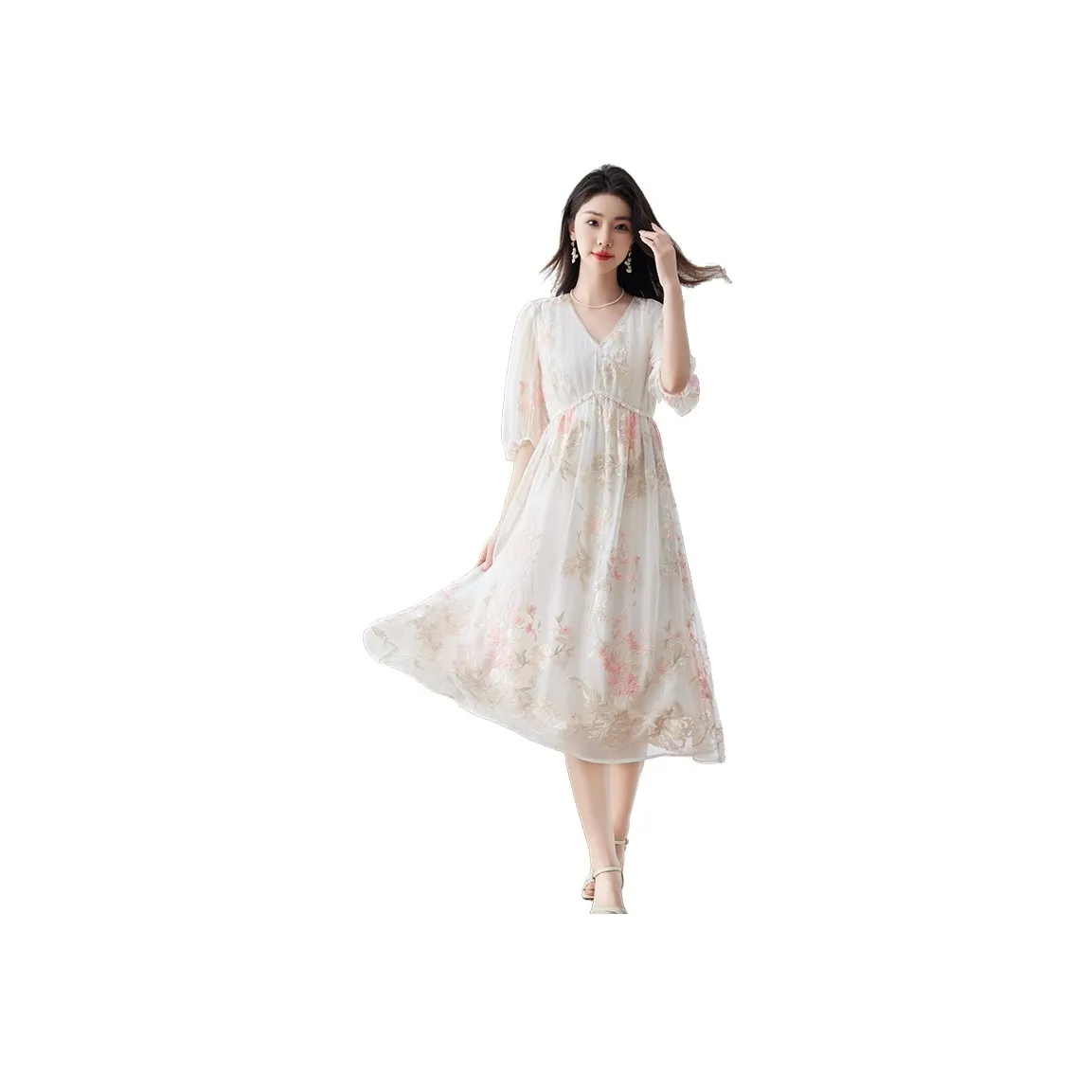To The West Long Sleeved Dress Women's White Base Pink Print Embroidery