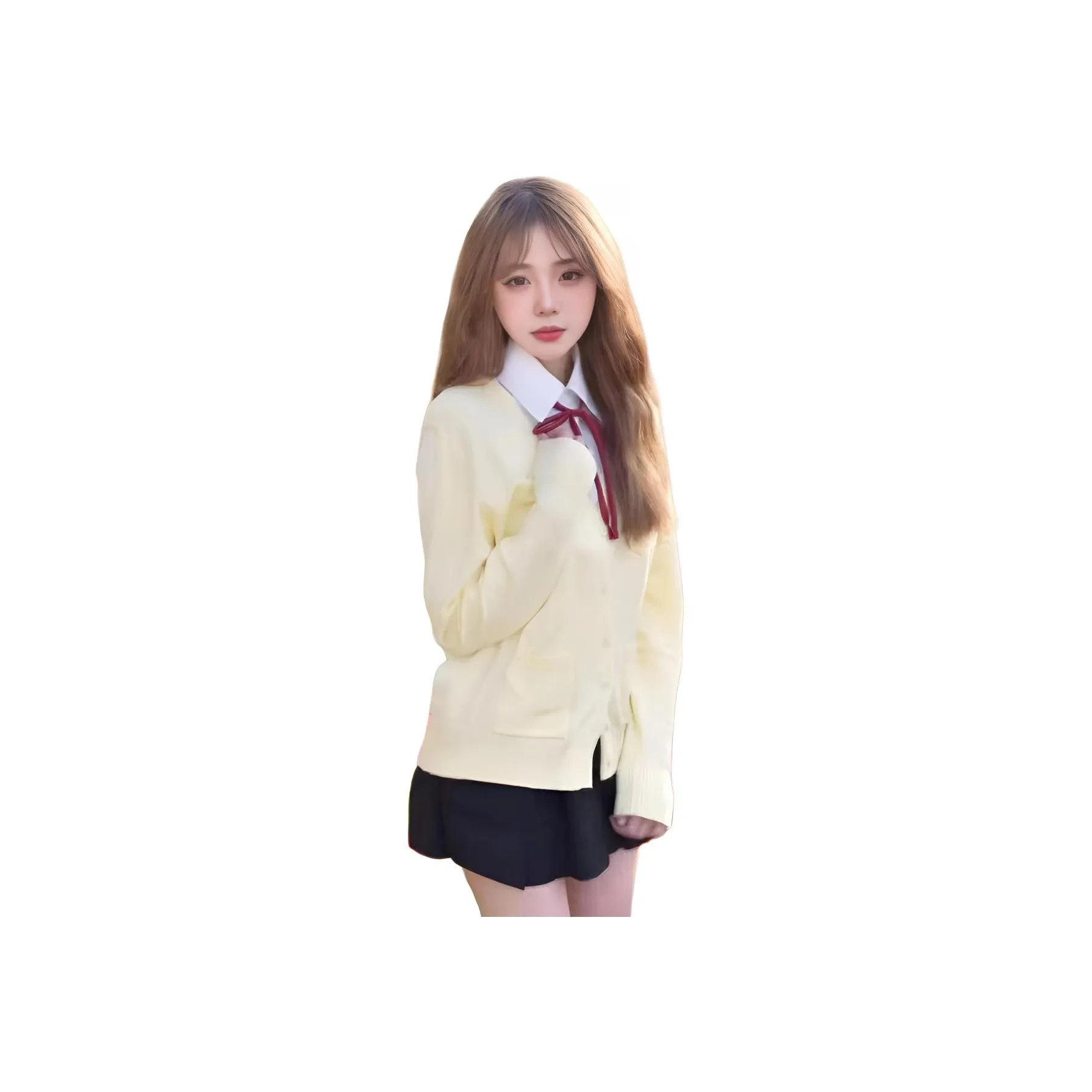 MUQINGQING Белая рубашка + Галстуки-бабочки + Черная юбка с оборками + Желтый кардиган + Комплект из четырех предметов женский комплект с юбкой