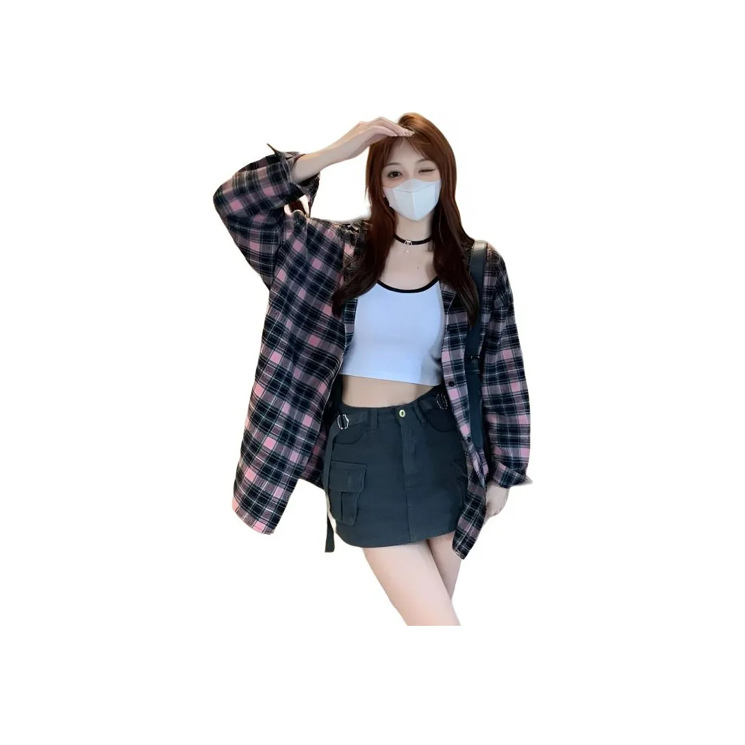 RDRE Черный Розовый Клетка Женская Рубашка