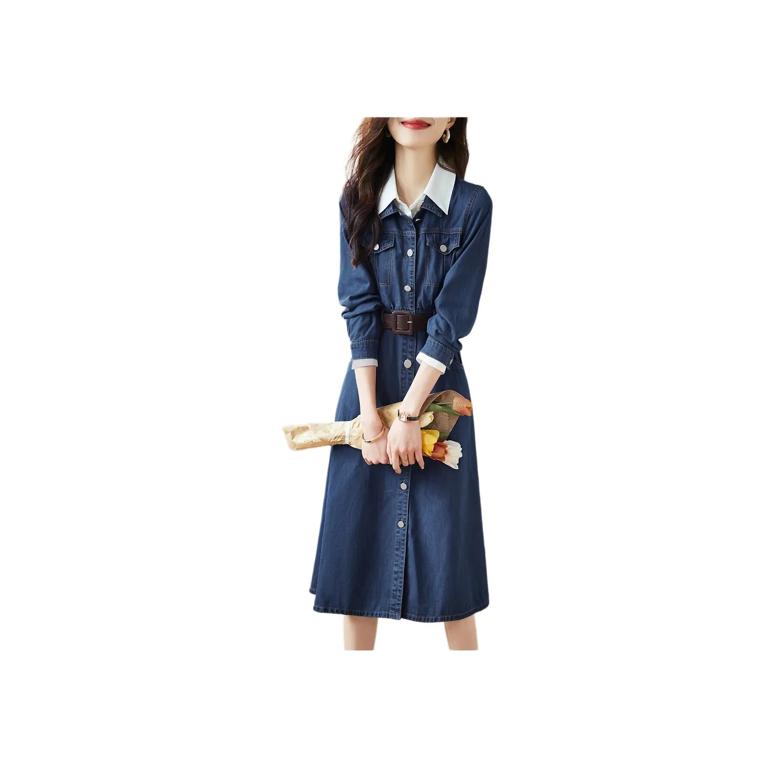 Mo Han Yi Mei Long Sleeved Dress Women's Denim Blue