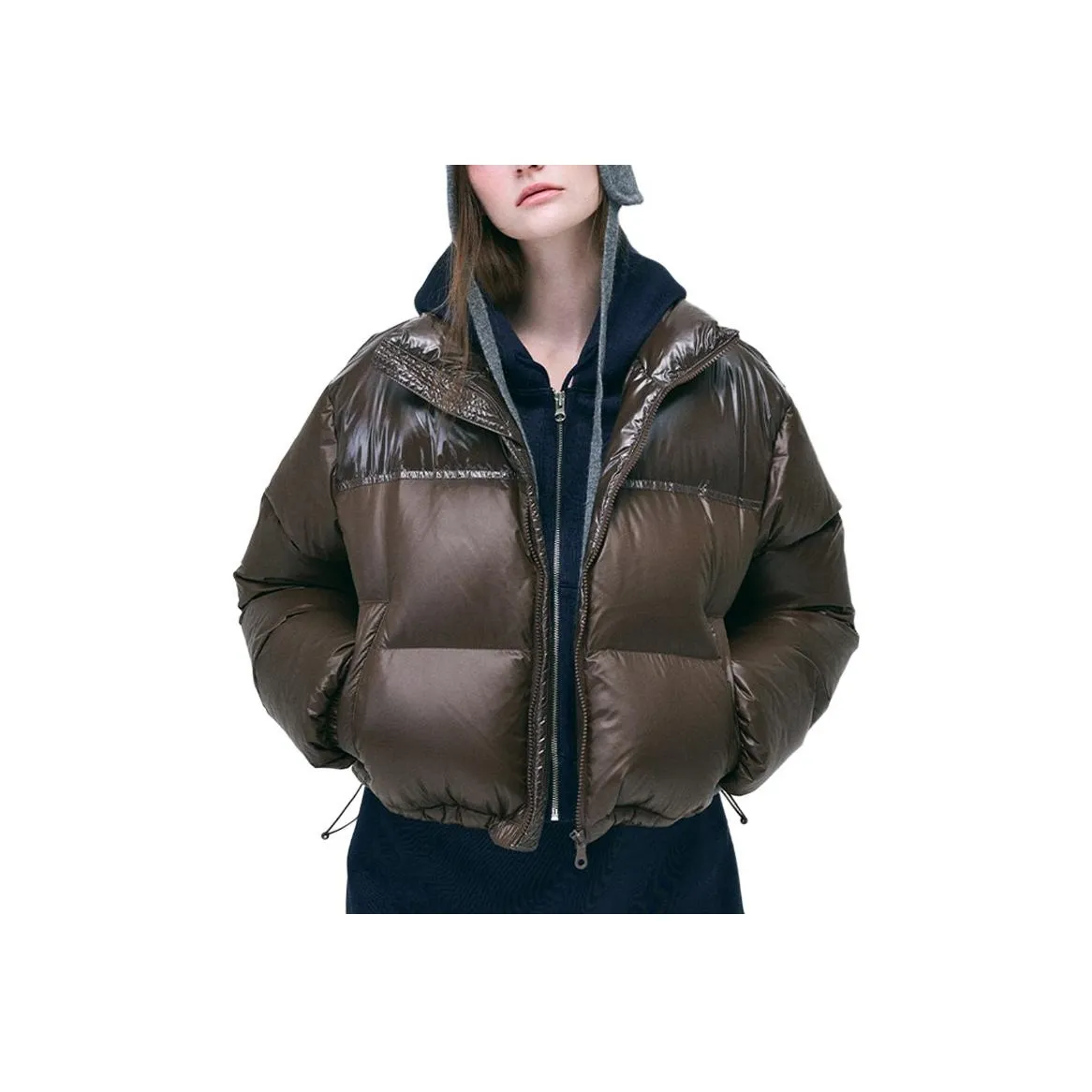 MARDI MERCREDI FW24 CROPPED DOWN JACKET COLOR BLOCK_BROWN Down Jacket Korean Style Women's Brown