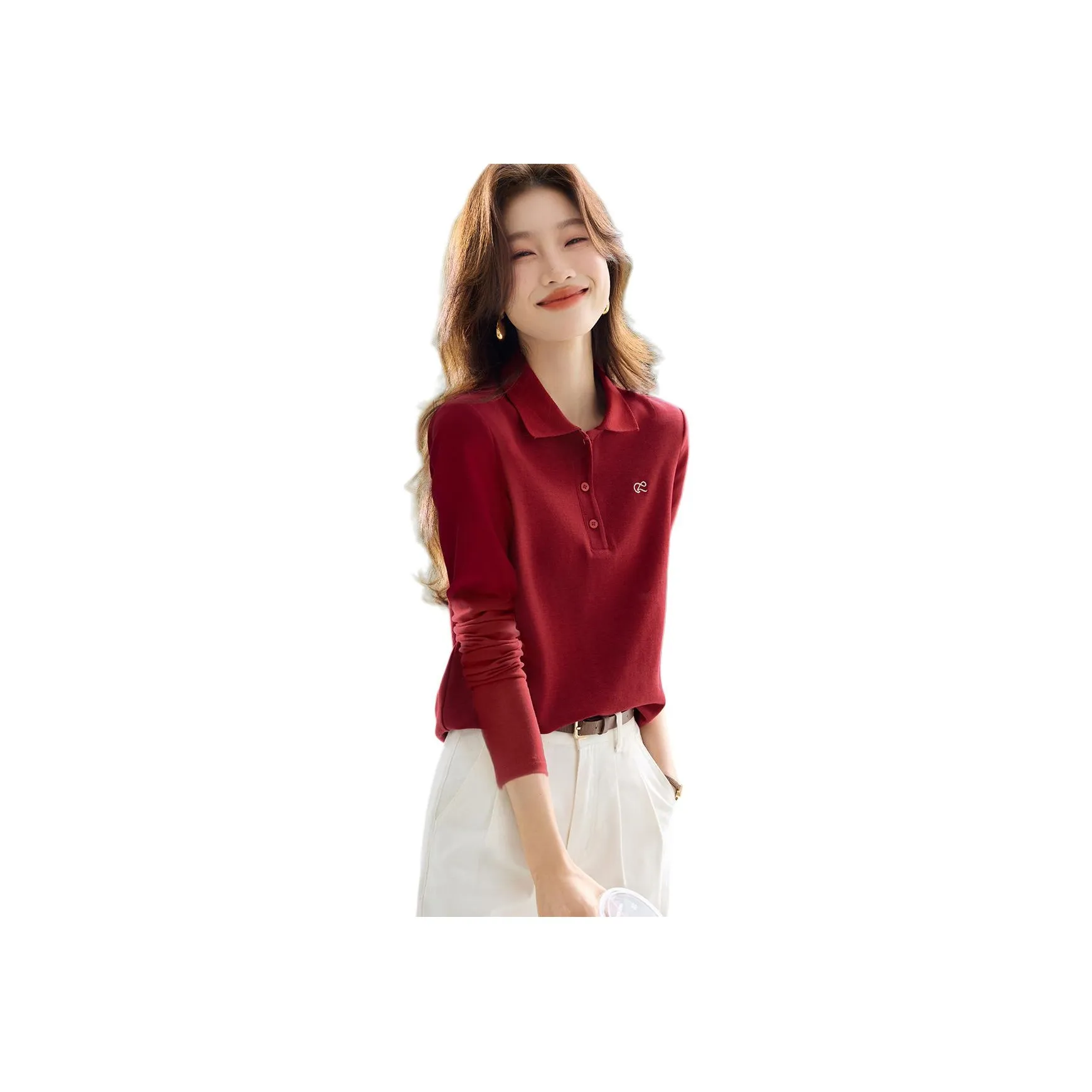 Mo Han Yi Mei Вишнево-красный Длинный рукав Женские рубашки