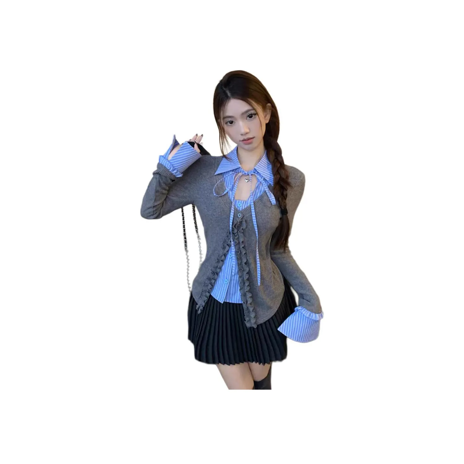 GORGEOUSIDEA Серый Трикотаж + Юбка с Плиссировкой Женские Комплекты Юбка