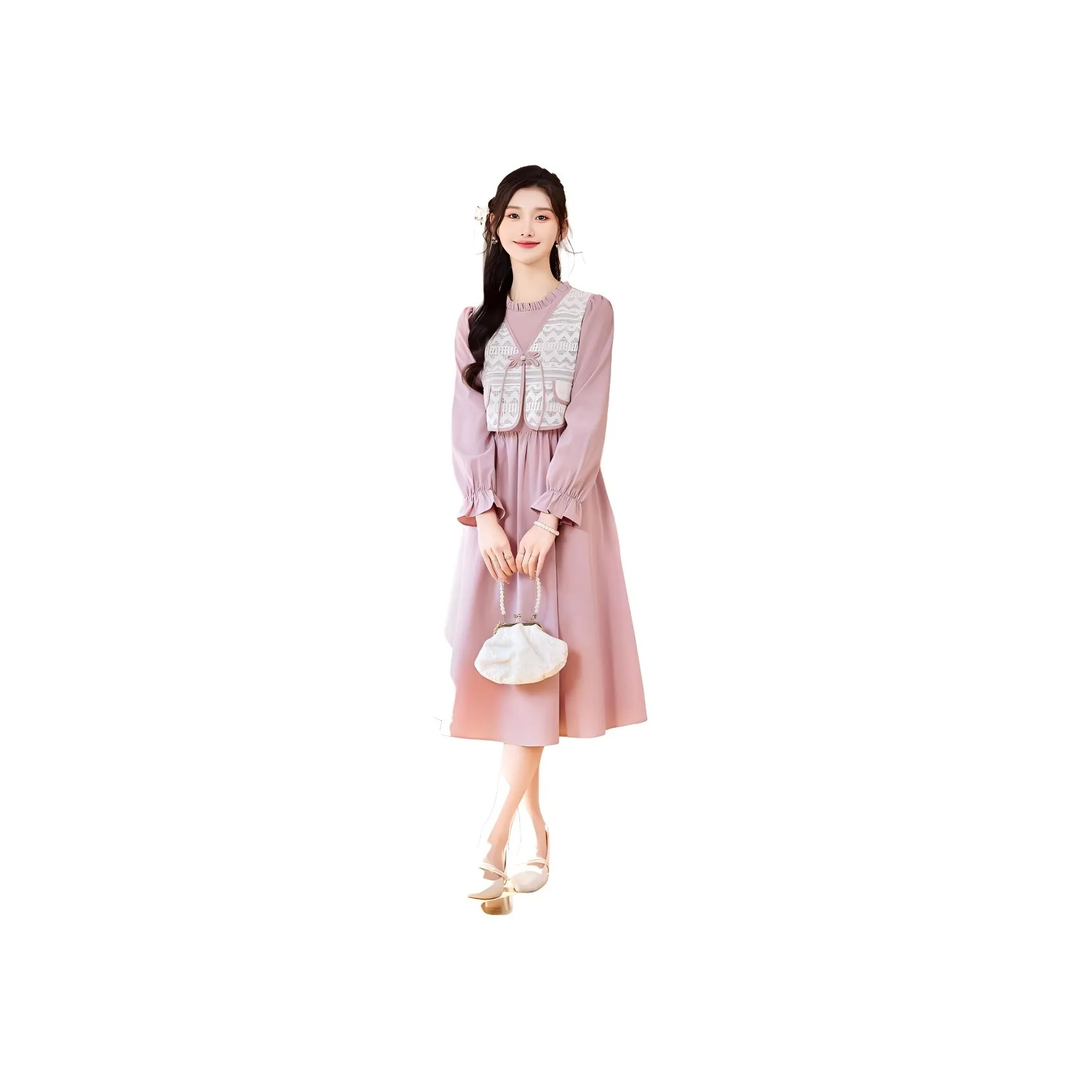 Like The Age Of Water Spring Long Sleeved Dress Slim Fit Women's Pink Purple
