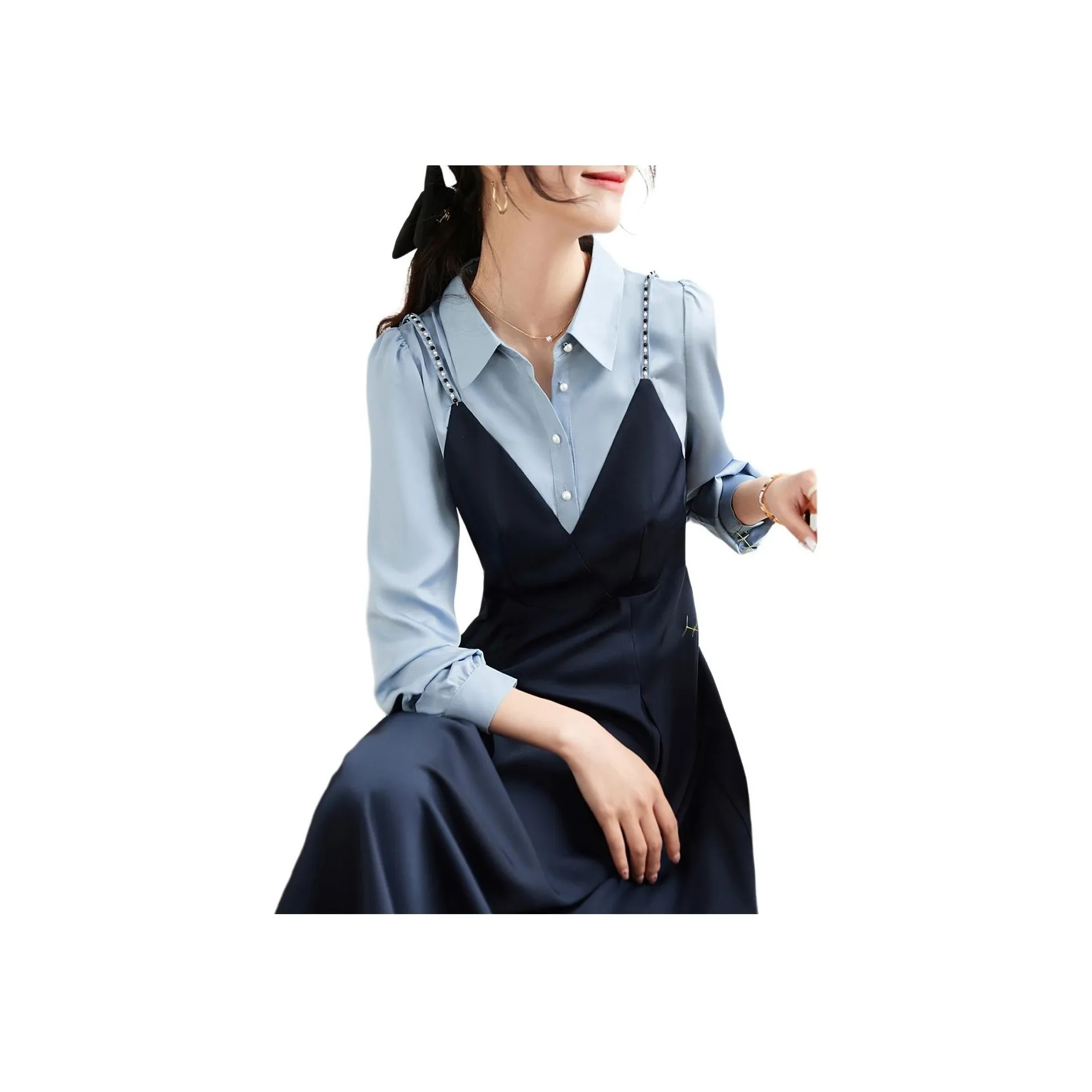 Mo Han Yi Mei Long Sleeved Dresses Women's Navy Blue