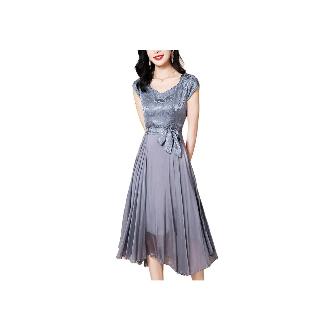 Yi Mengyuan Кружево Up Шелк Короткий рукав Платье Женское