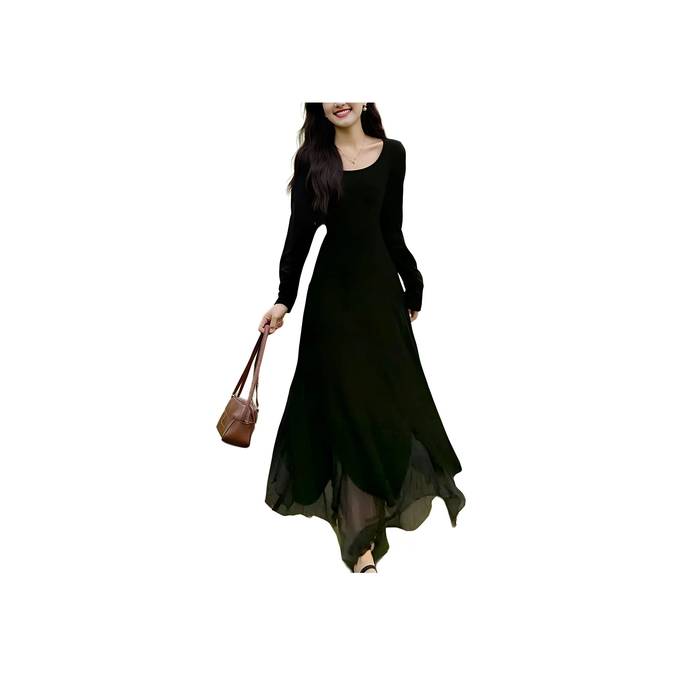 Wbwq Длинное платье с длинными рукавами женское черное