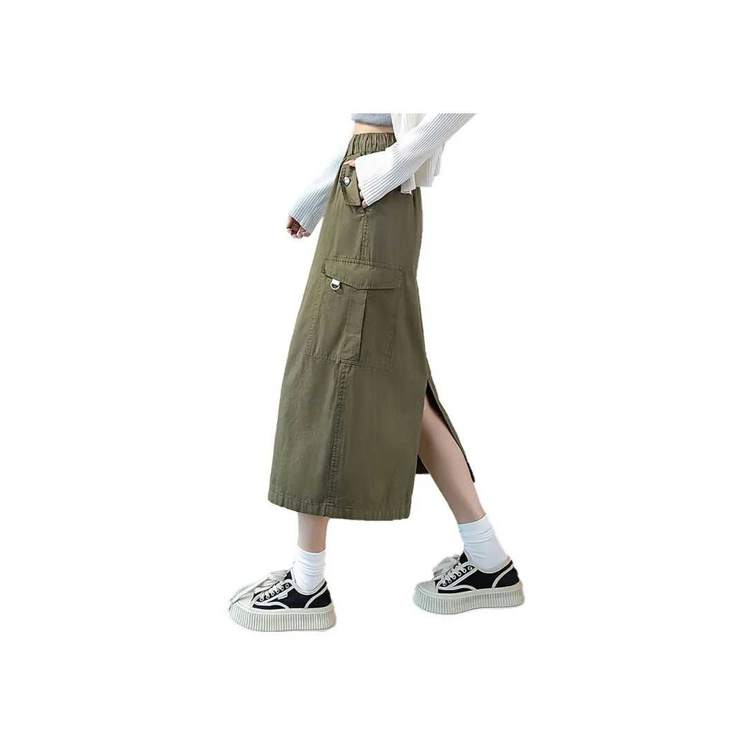 SIBAISHE Повседневная длинная юбка женская армейского зеленого цвета