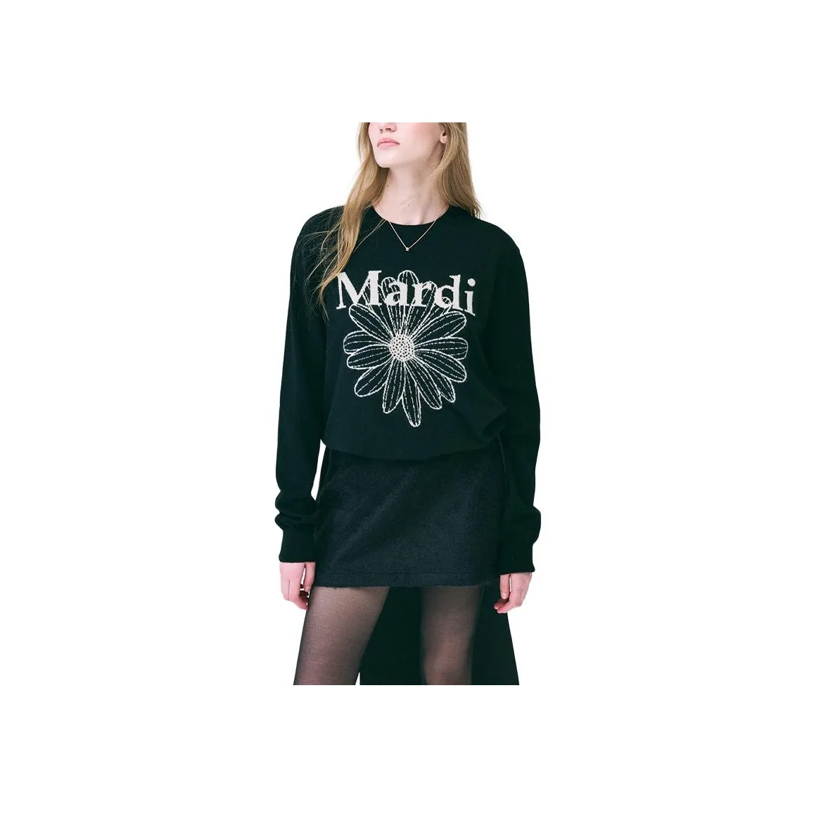 MARDI MERCREDI FW24 Кашемир Круглый вырез FLOWERMARDI Черный Крем Свитер Корейский стиль Женские Черный Крем