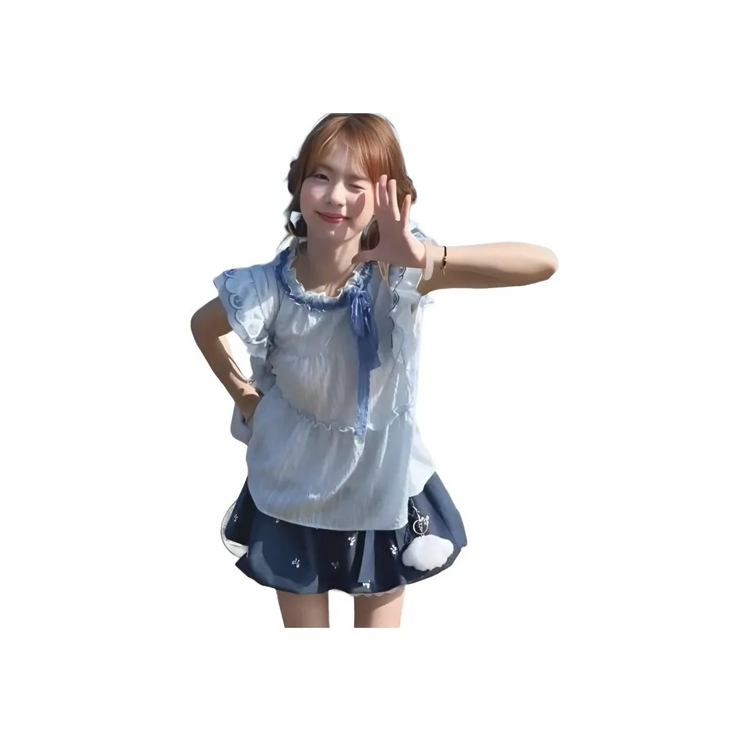 Wick buen Двухкомпонентный комплект [Светло-синий топ + Темно-синяя юбка] Женские комплекты с юбкой