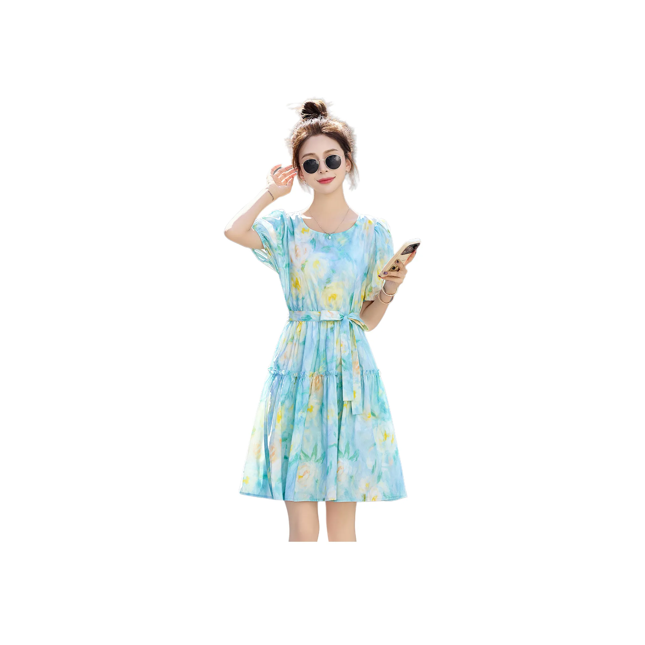 MJ Весенне-летний Сладкий Девушка Юбка Короткий Рукав Платье с Премиум Ощущением Женские