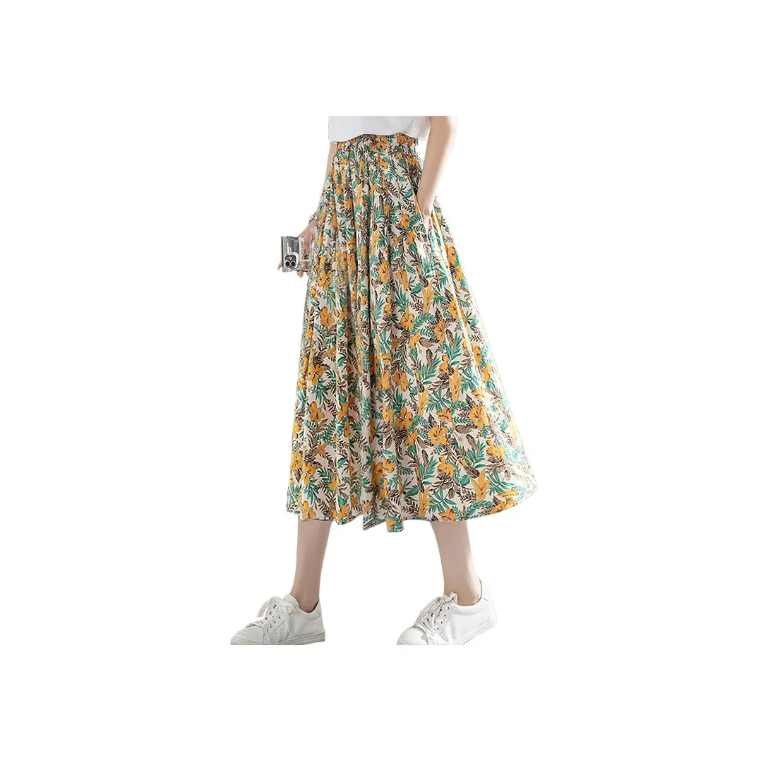 Cypress House Casual Long Skirt Women's Beige With Yellow Floral