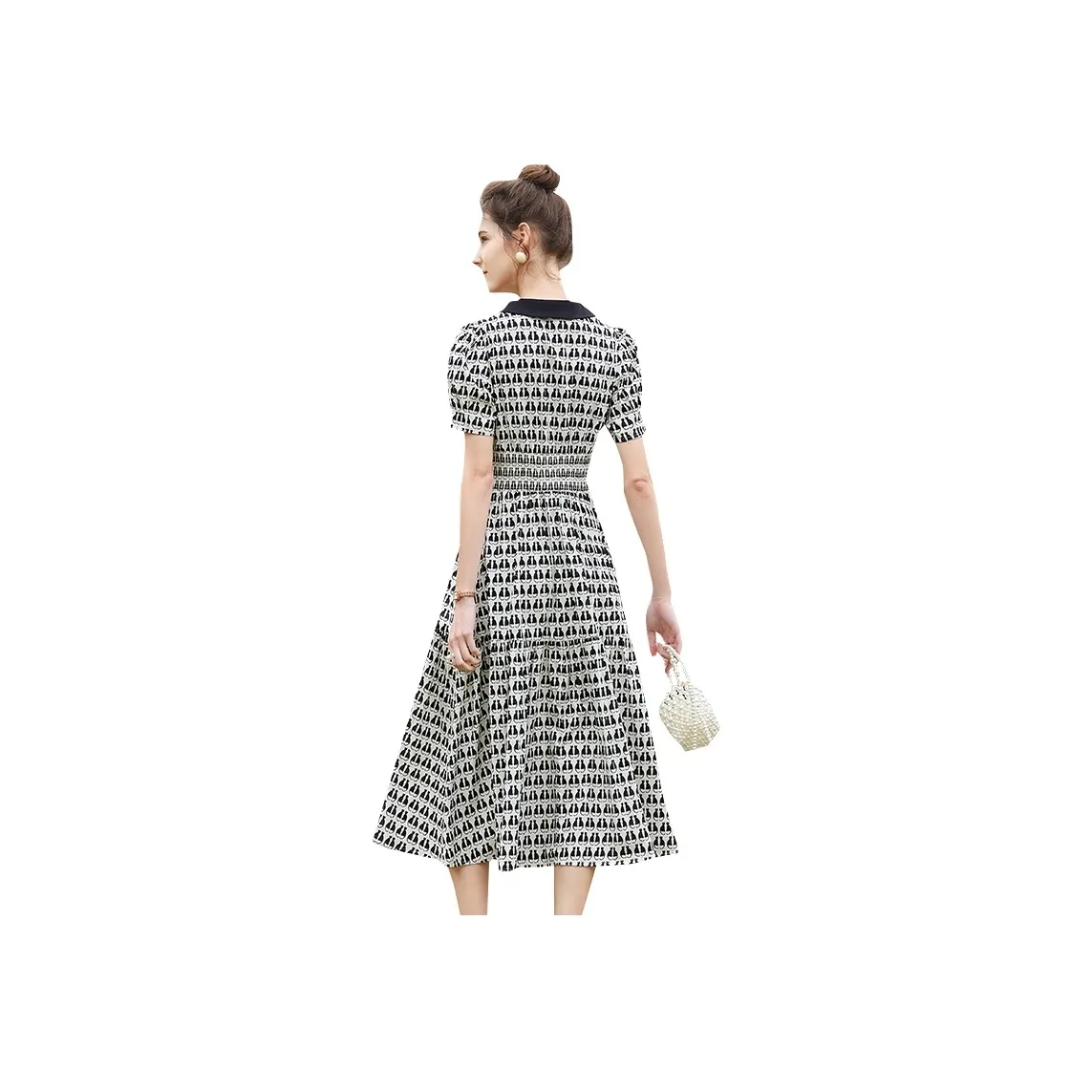 TOUCH Short Sleeved Dress Women's Beige With White Floral Pattern