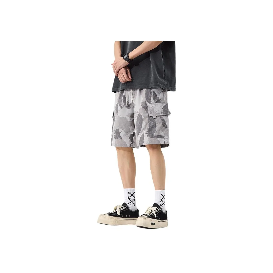 Menglaini Casual Shorts Unisex Light Gray Breathable Camouflage