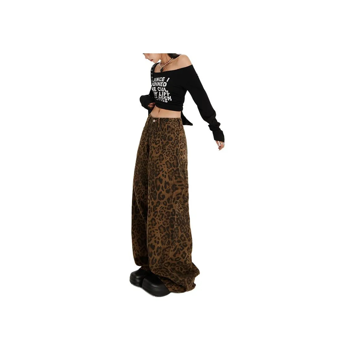 ZNZW Jeans Women's Coffee Brown Leopard Print
