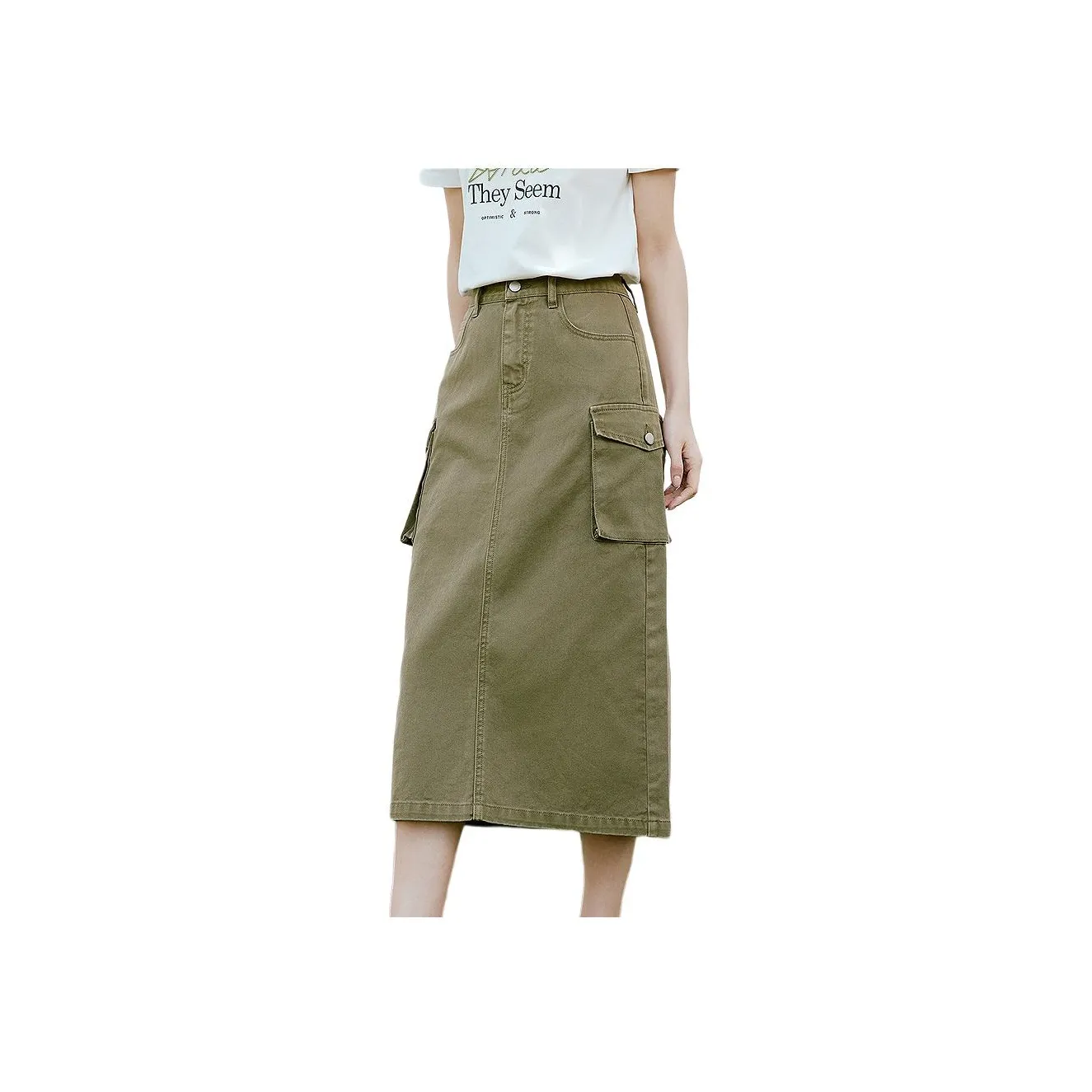Hopeshow Denim Long Skirt Women's Army Green