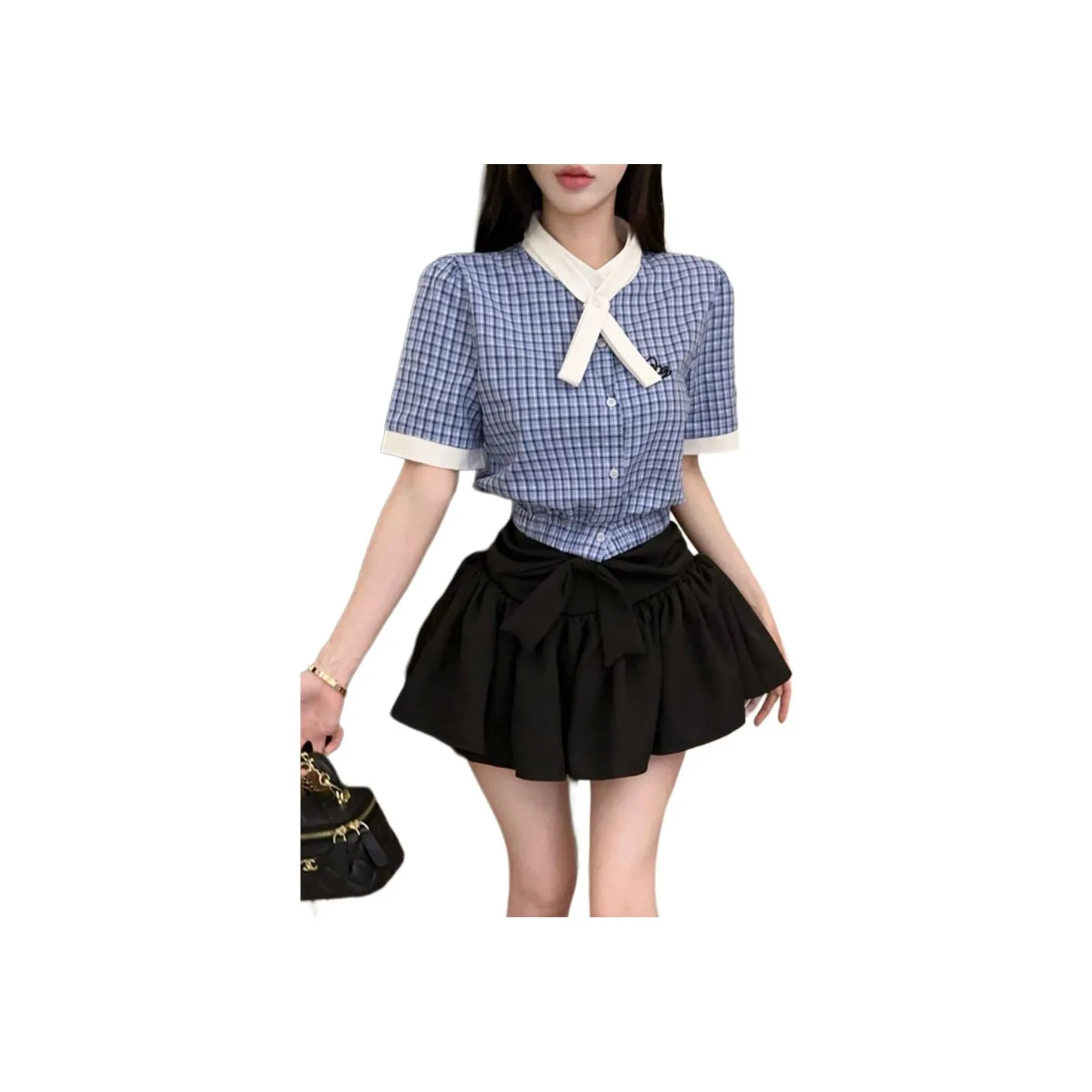 Garbege Uniform Women's Blue Shirt Bow Tie Black Skirt Set