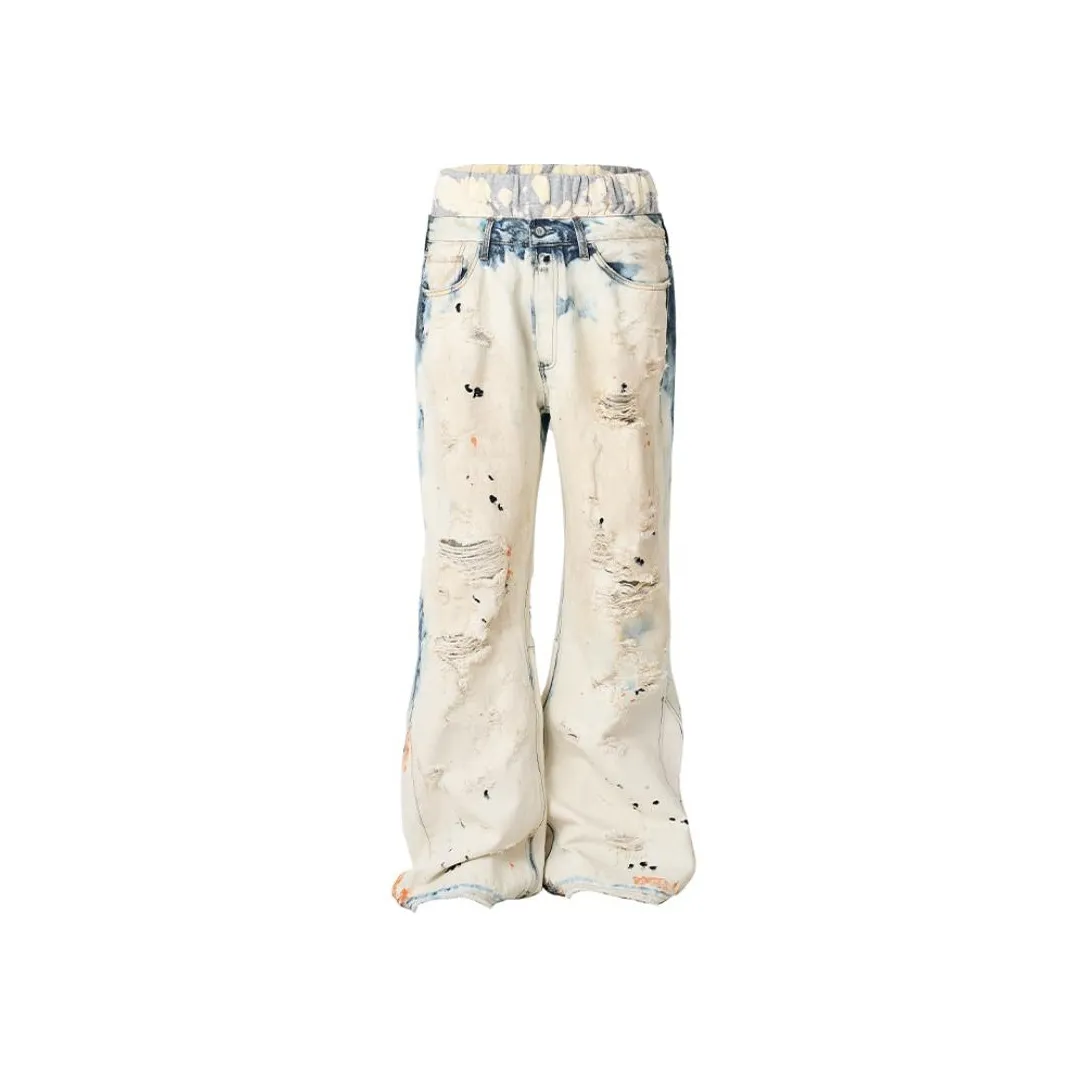 GLACIERBOY Jeans Men's Double Waistband With Leather Washed White Cow