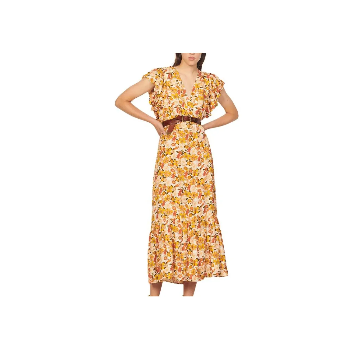 Sandro Короткий рукав Платье Женское Коричневое