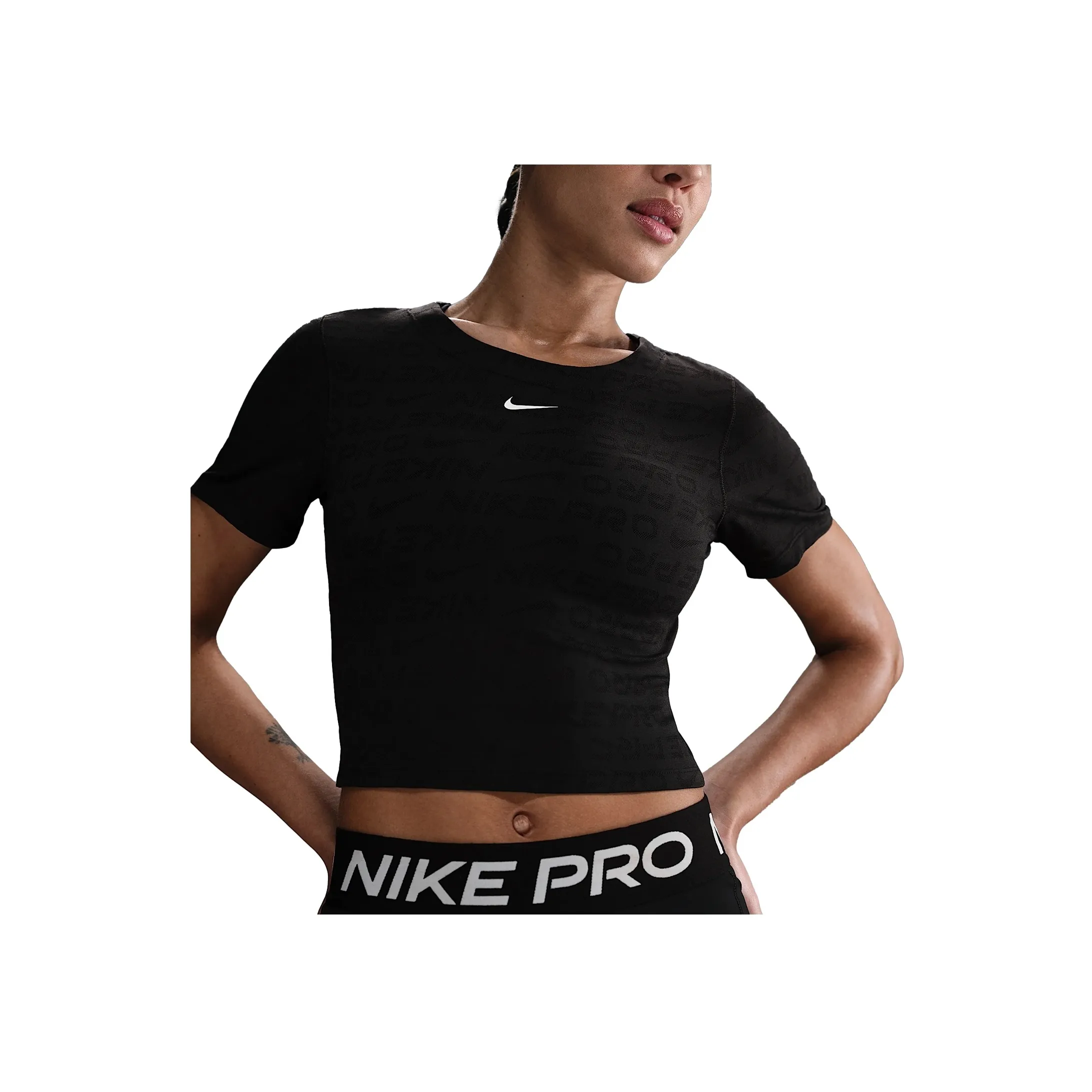 Nike Pro Women's Dri FIT Short Sleeve Cropped Jacquard Top