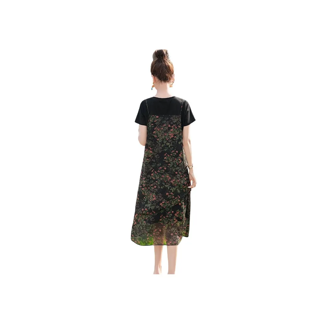 Cypress House Short Sleeved Dress Women's Black Top And Red Floral Bottom