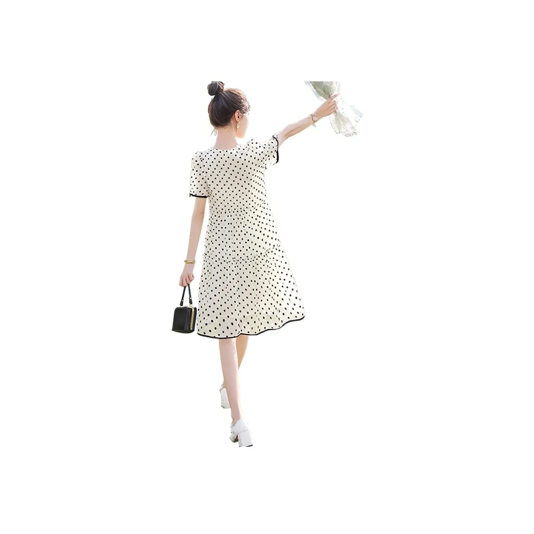 Cypress House Short Sleeved Dress Women's Apricot With Black Polka Dots