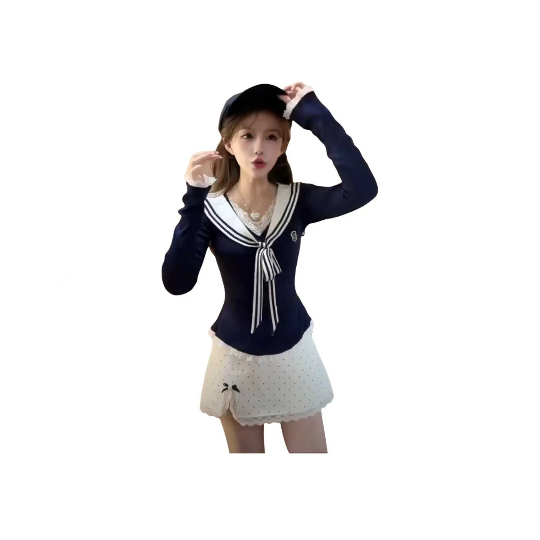 MISSHONEY MH Темно-синий Комплект с юбкой Топ + Белая укороченная юбка Женские Комплекты с юбкой