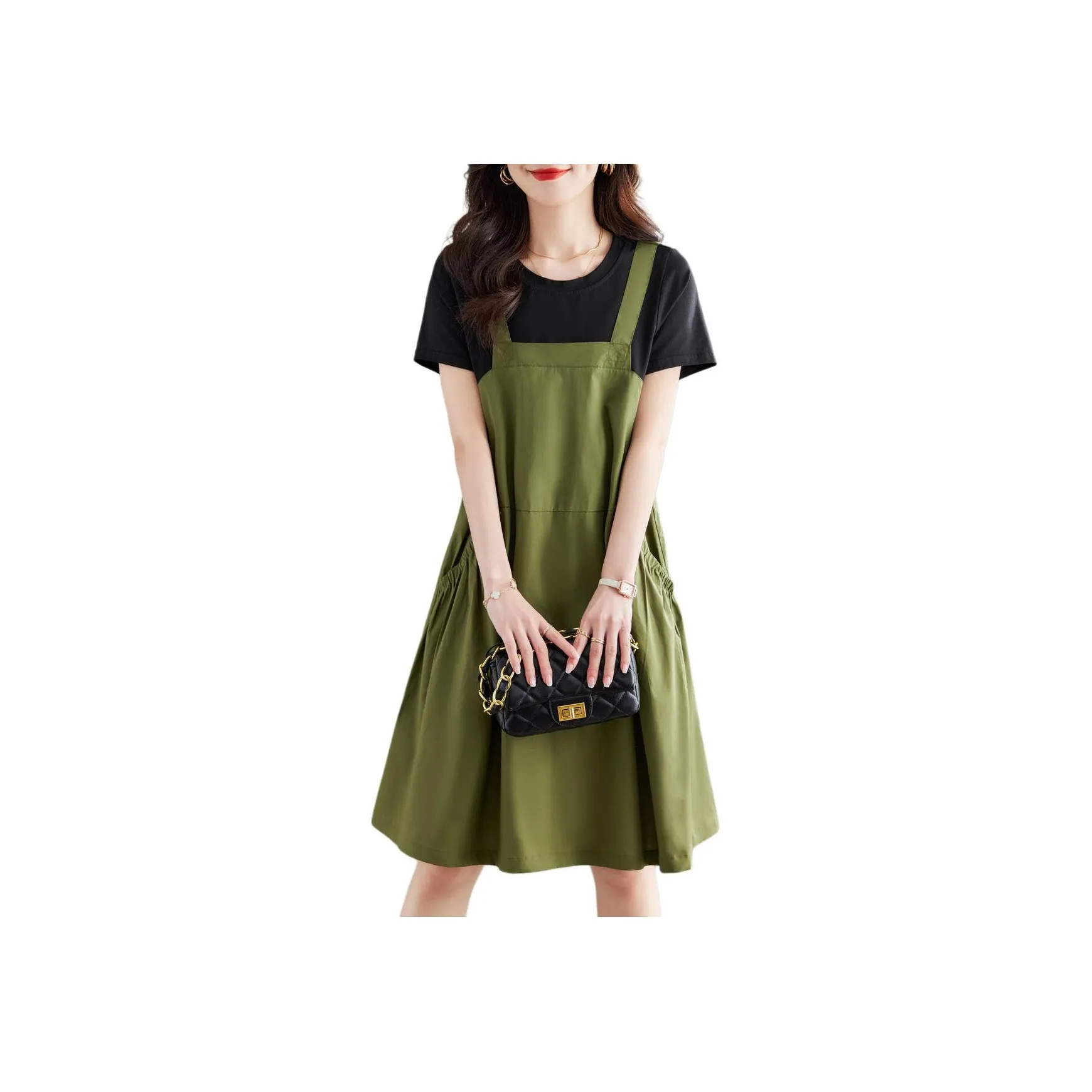 Still Quiet Короткий рукав Платье Женское Армейский зеленый