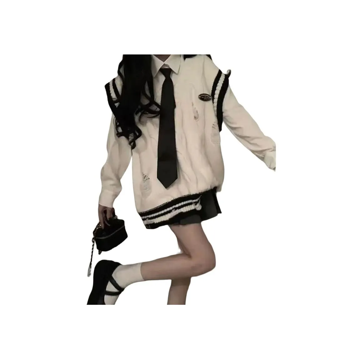 Mu Qingqing Белая рубашка + галстук + серая юбка с оборками + трикотажный жилет + комплект одежды для женщин с юбкой