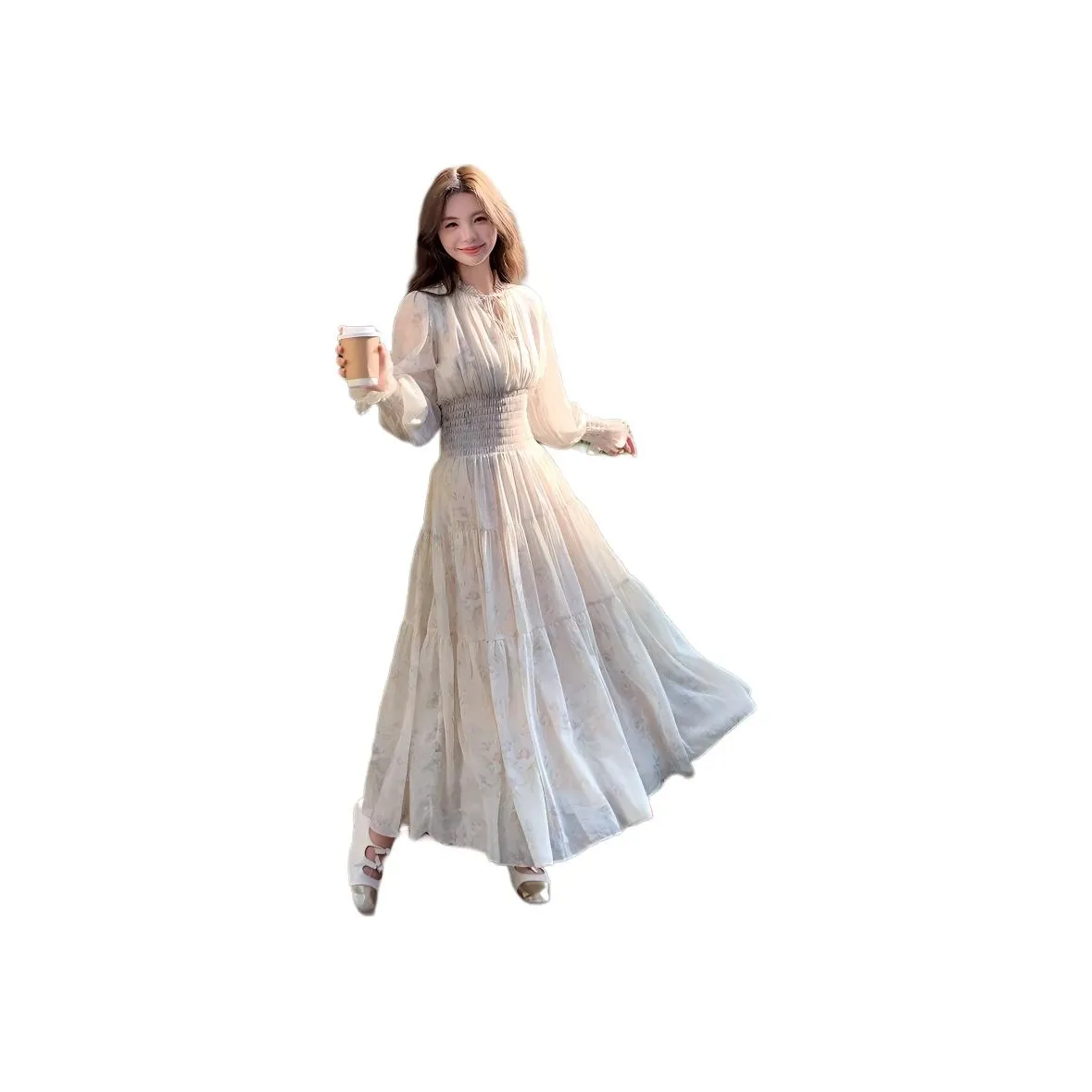 Flowers In Water Длинное Платье с Длинными Рукавами Женское Цветочное