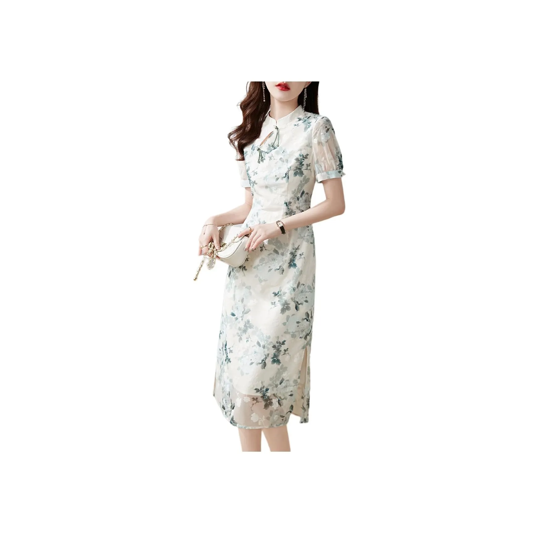 Mo Han Yi Mei Short Sleeved Dress Women's White Base Green Floral