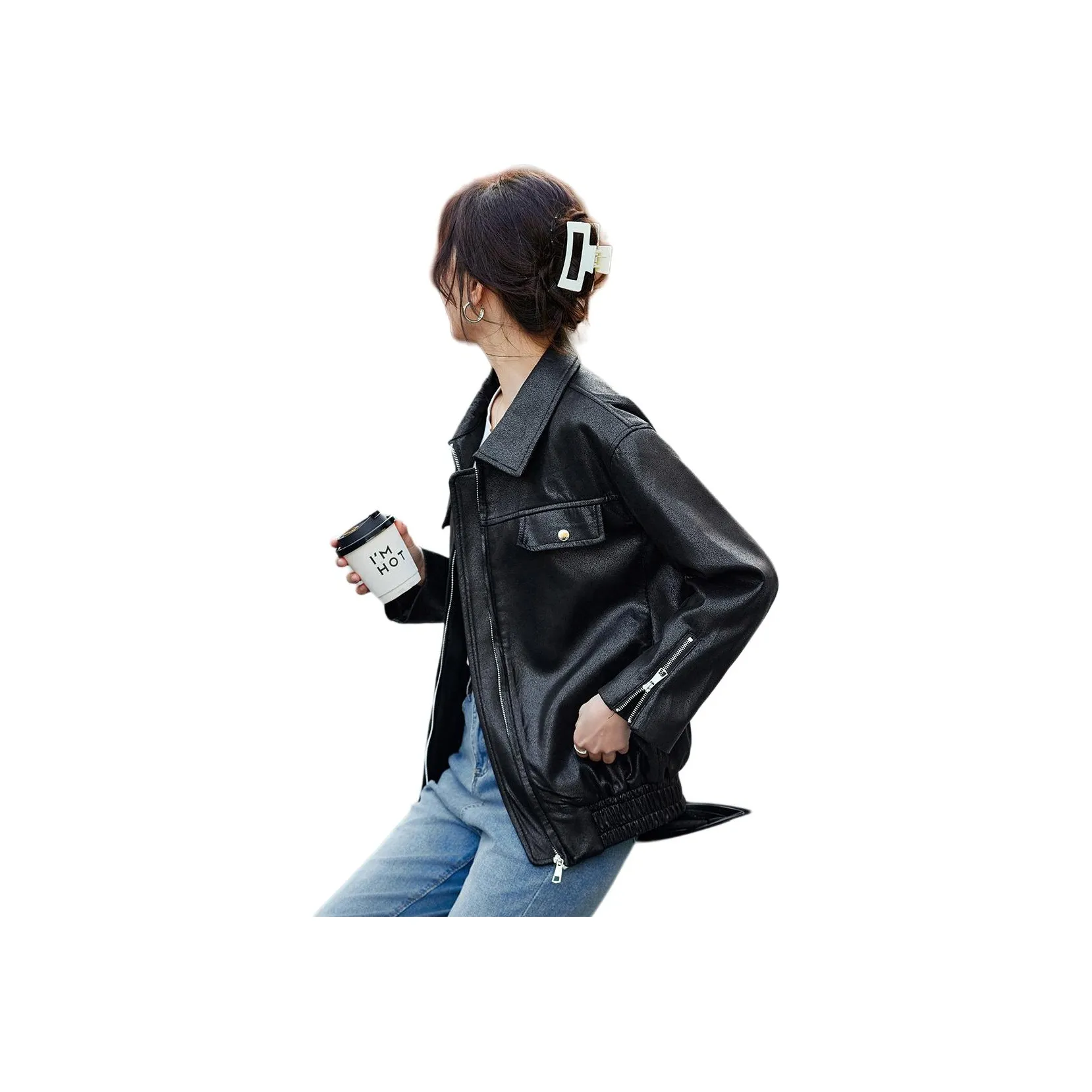 TERRE BLEUE Spring, Fall Leather Jacket Loose Fit Women's