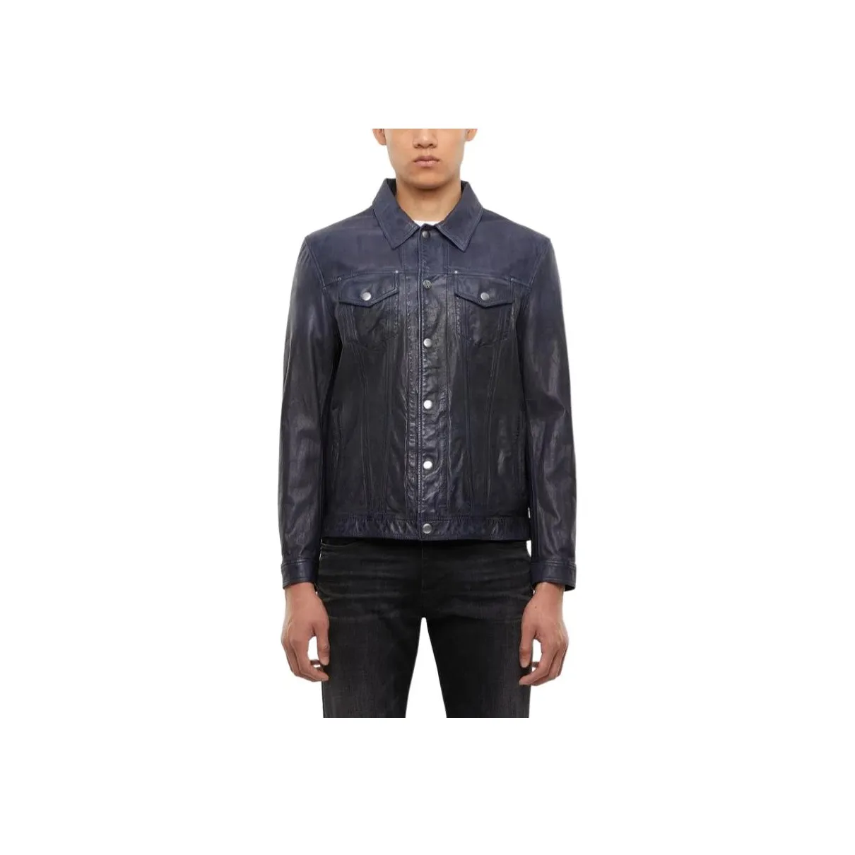DIESEL Leather Jacket Men's Blue Gray