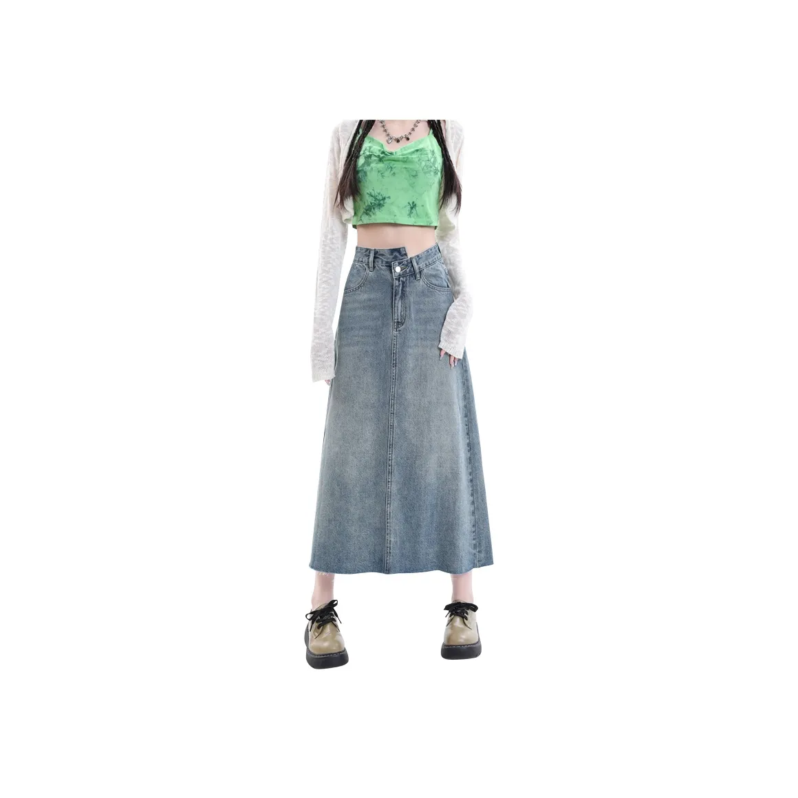 Rose Denim Long Skirts Women's Vintage Blue