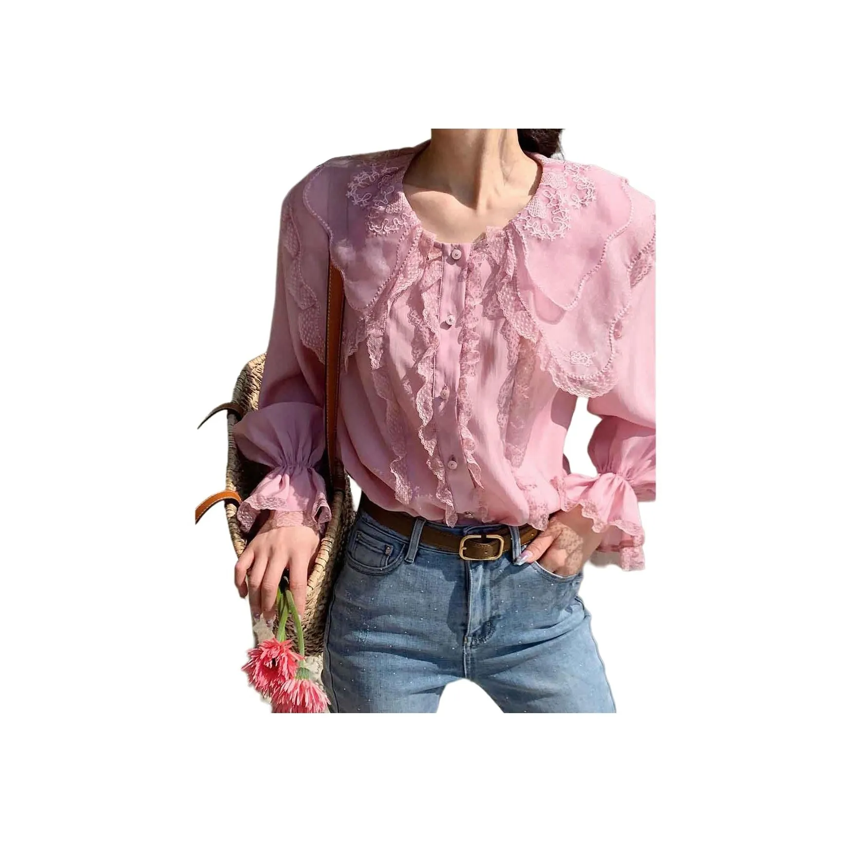 NANING9 Розовый Женские Шифоновые Рубашки