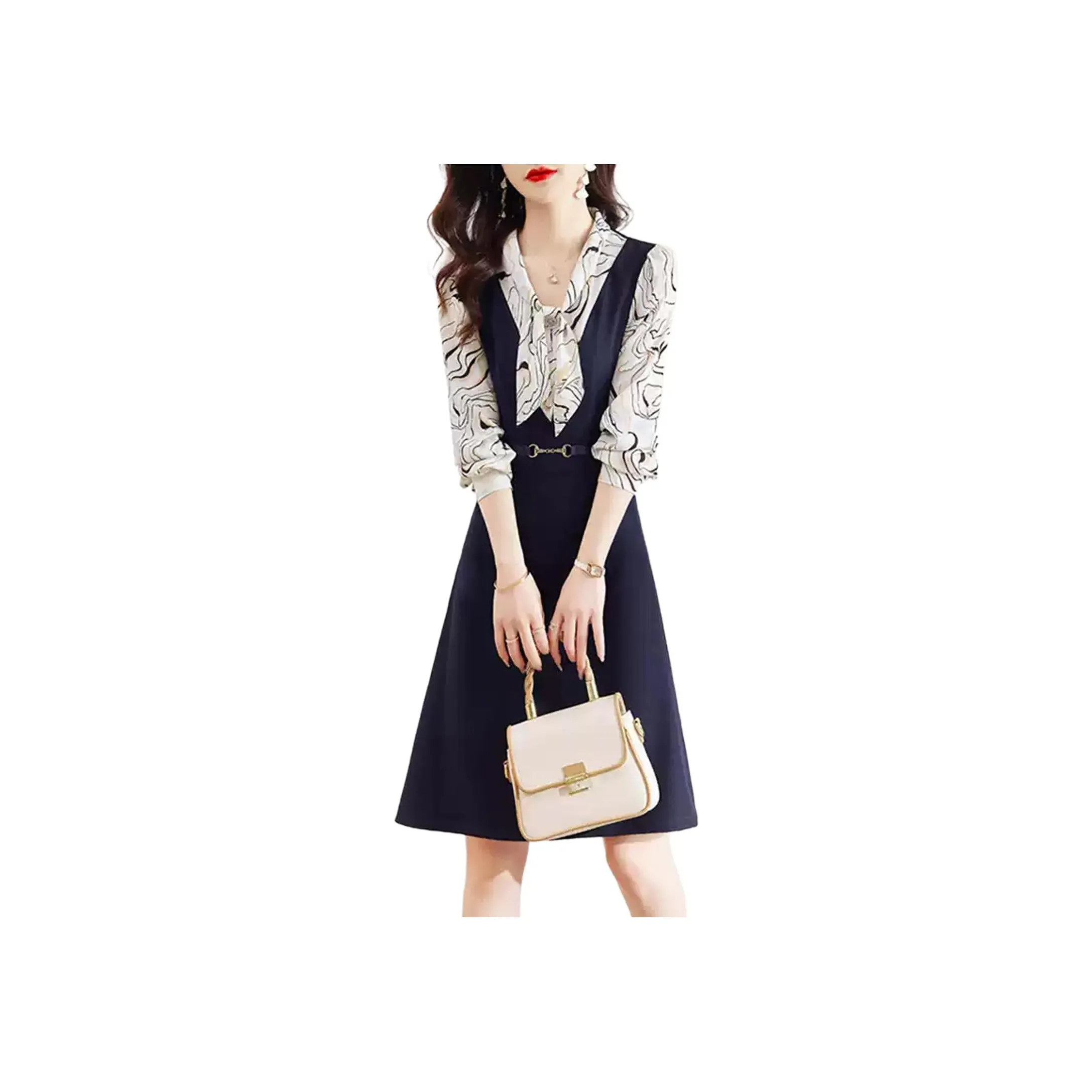 Wbwq Длинное платье с длинными рукавами женское темно-синий