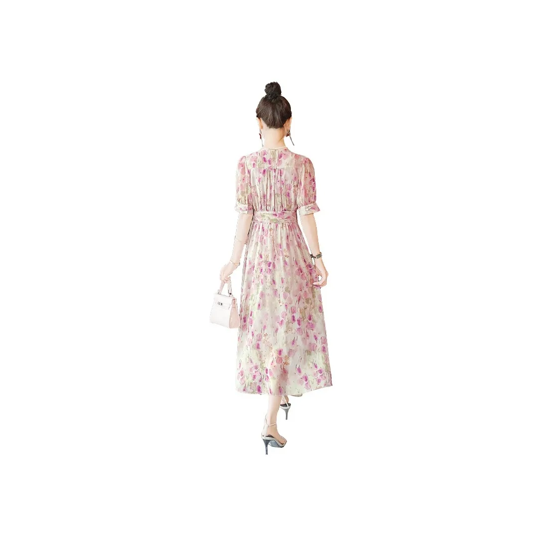 Cypress House Short Sleeved Dress Women's Beige With Pink Green Floral
