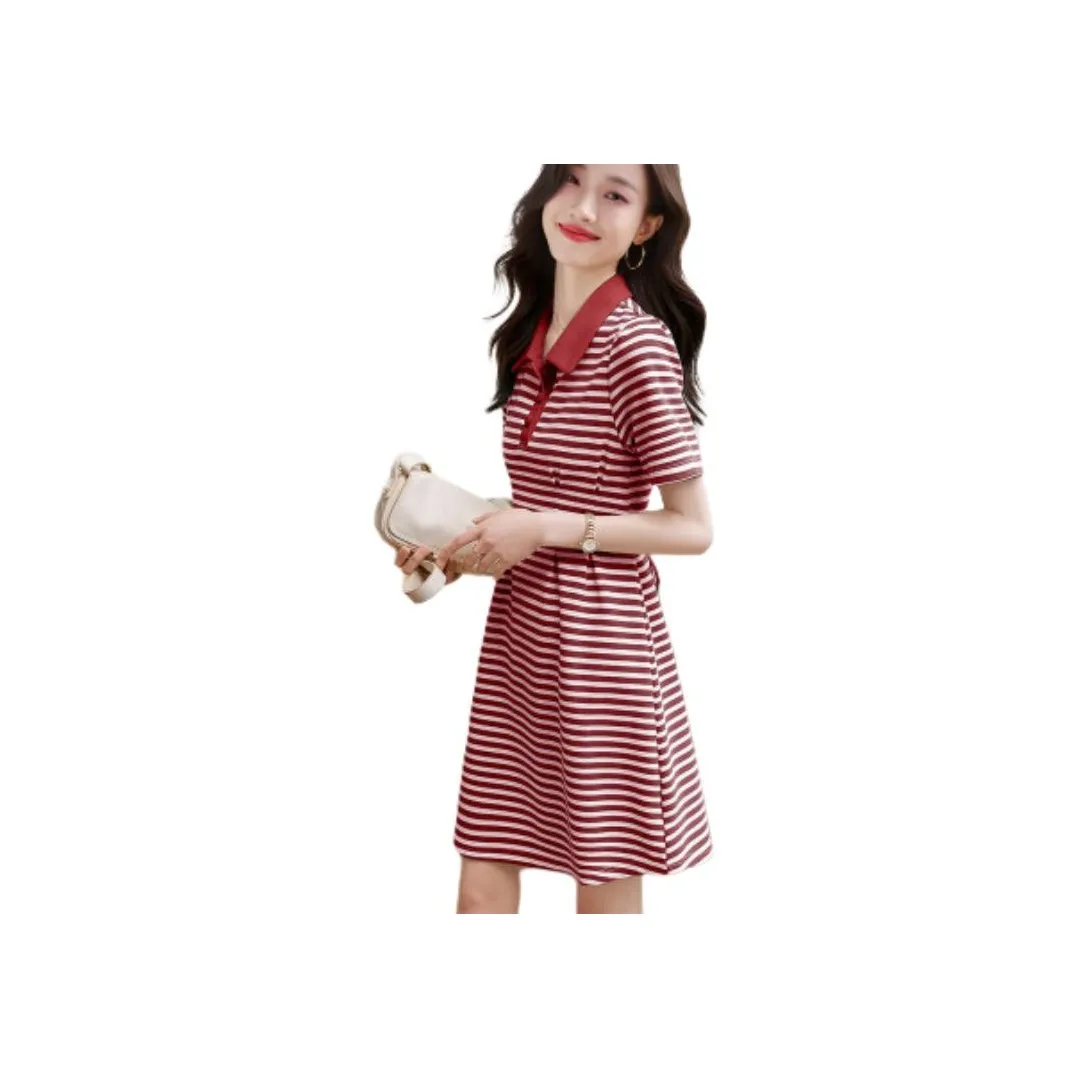 Mo Han Yi Mei Короткий рукав Платье Женское Красное с полосами