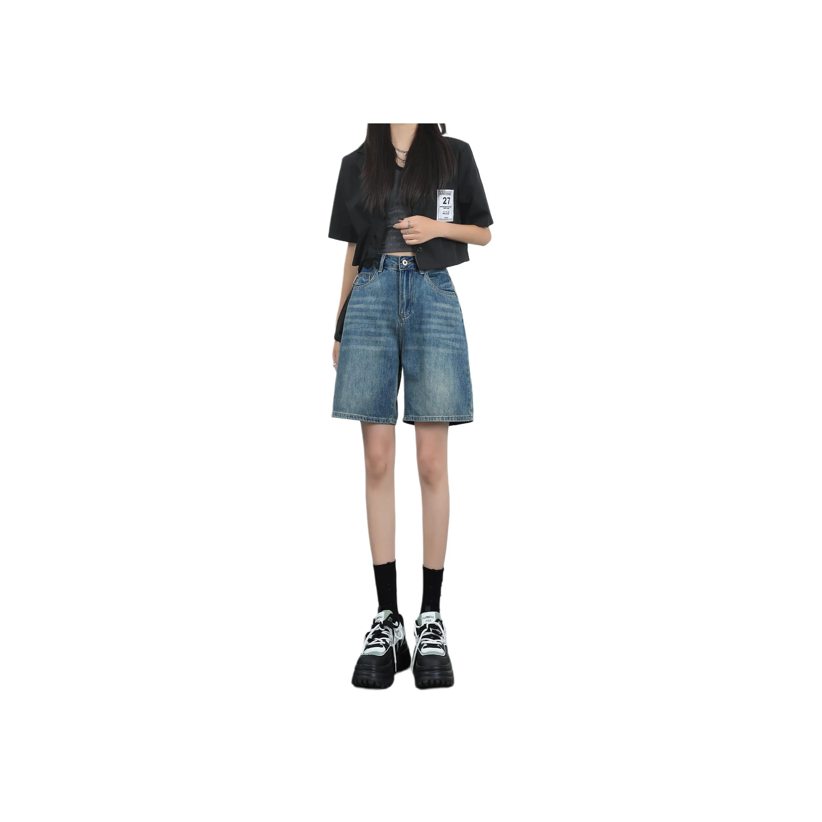 Wen Shan Denim Shorts Women's Vintage Blue Knee Length Pants