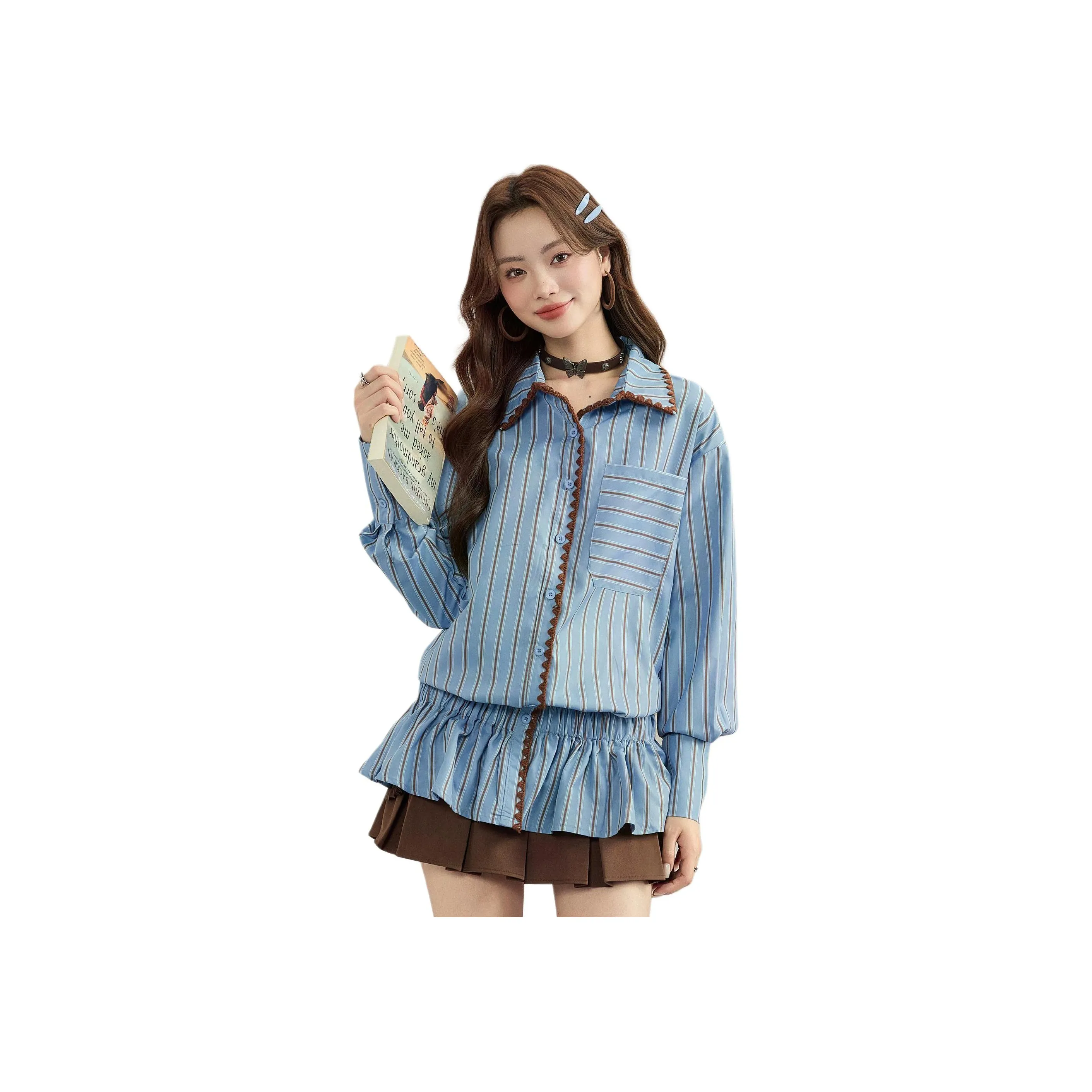 MENGXIAOQI Синий Полосатый Рубашка Женская Рубашка